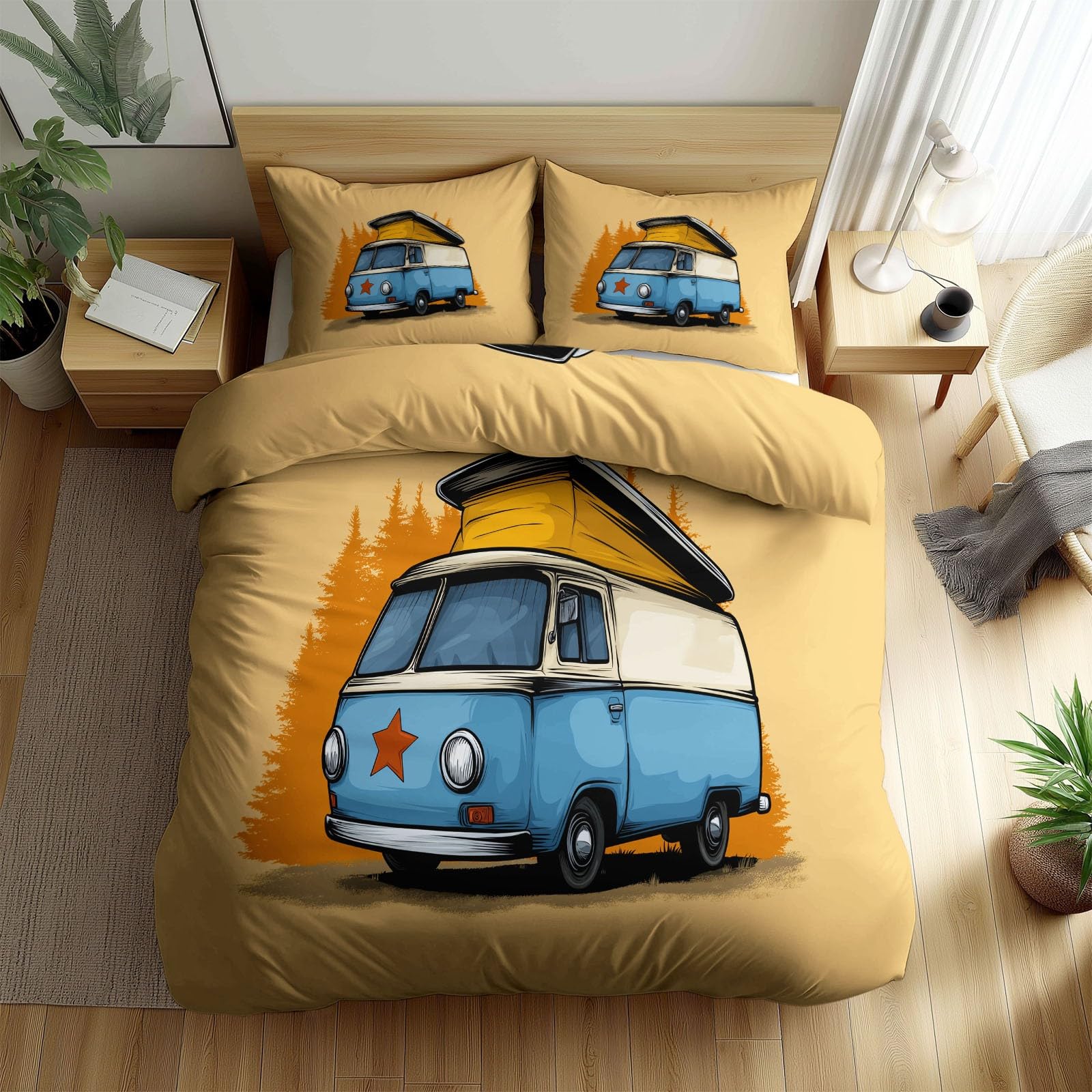 Cartoon Style Print Duvet Cover Sets Cot-bed Size, Retro Camper Van Pine Trees Bedding Set for Kids Teens - Soft Breathable Easy Care Decor Lightweight Duvet Cover Bedding