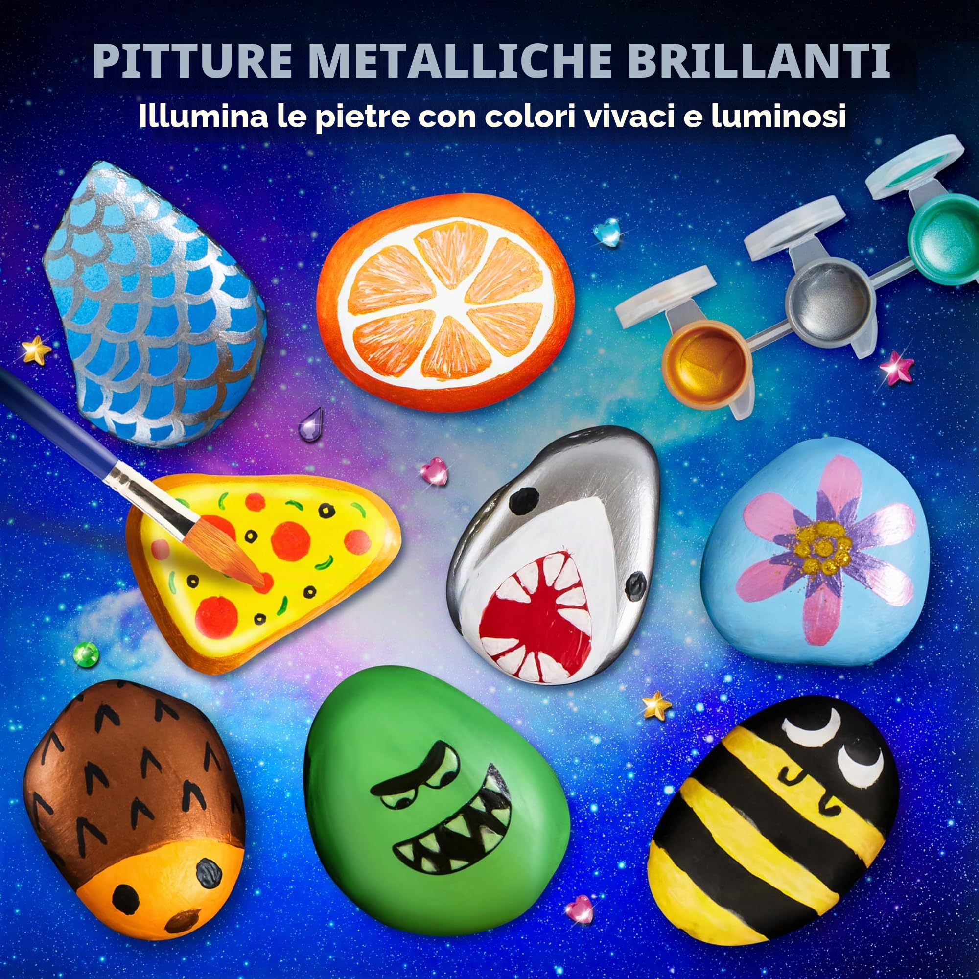 JOYIN 10 pezzi Kit Pittura di pietra per bambini con 18 colori (colle glitter e metallizzato e colori standard) Materiali artistici per bambini Attività da famiglia Regalo di compleanno