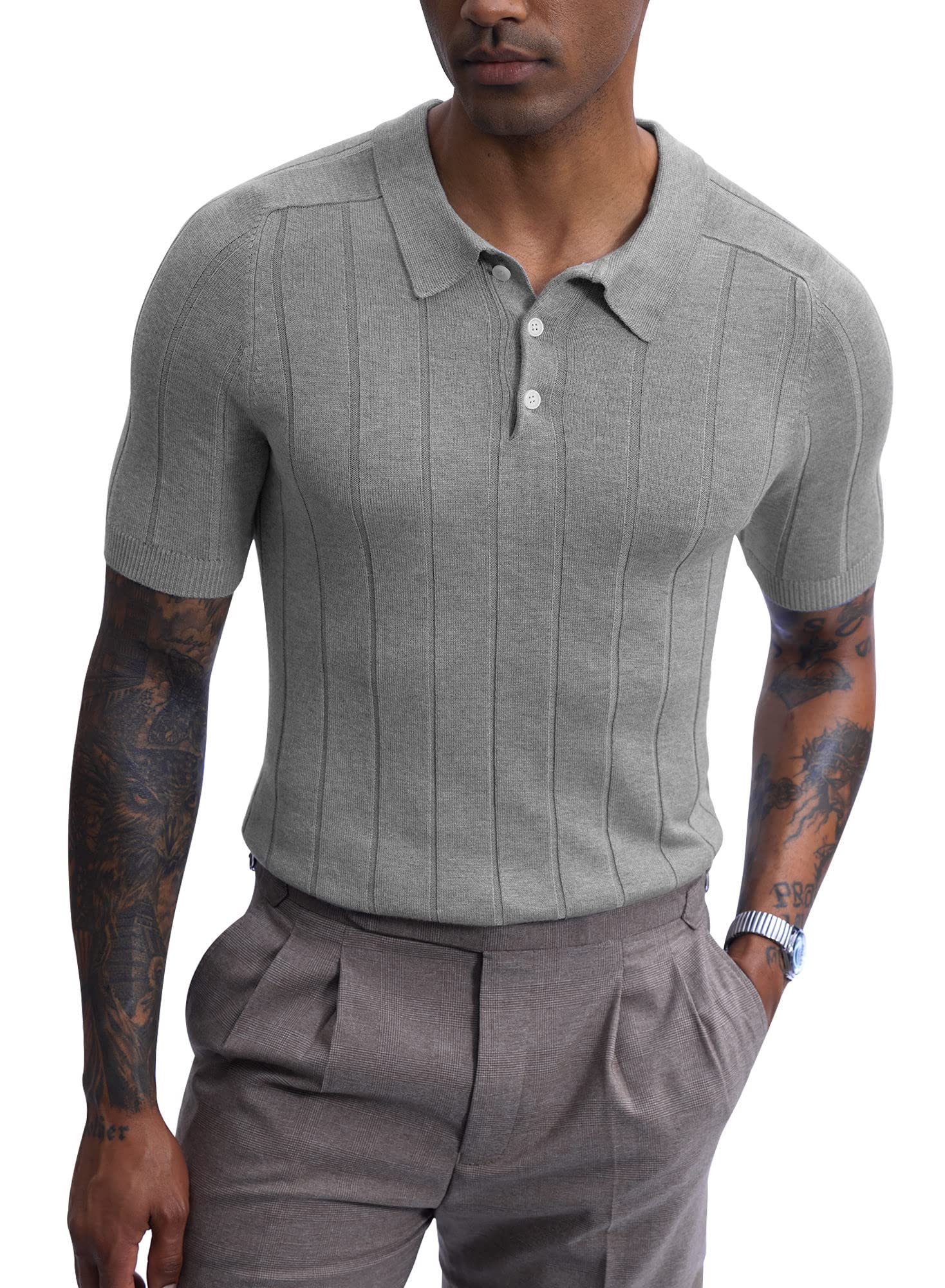Photo 1 of Mainfini Men's Knit Button Polo Shirts E/ Grey Large