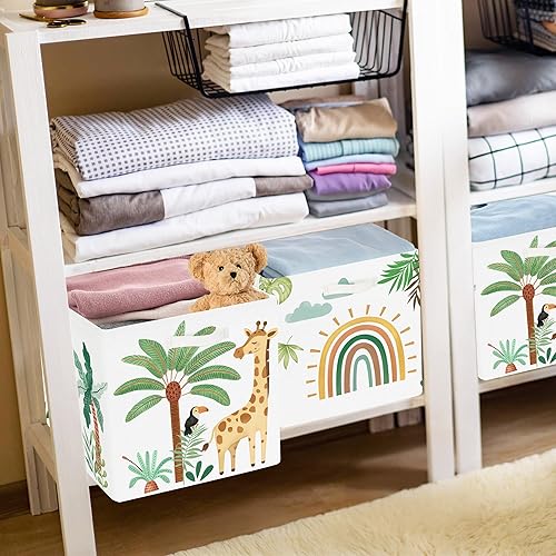 Miniatura 5 de Cubo de almacenamiento de animales de bosque bohemio de 11.8 pulgadas, cesta de almacenamiento de ropa para armario, estantes, hojas tropicales,