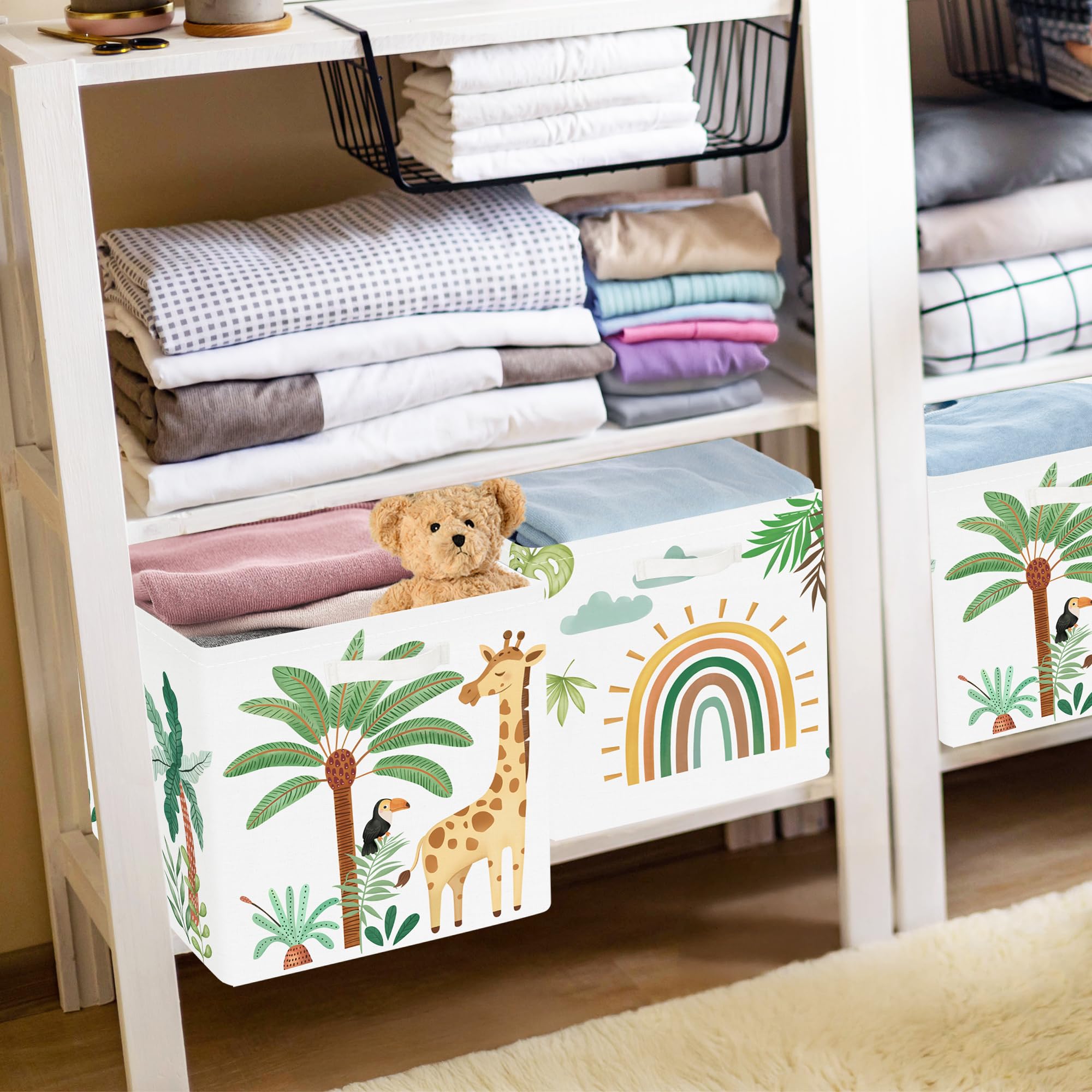 30cm Aufbewahrungsbox 3 Stück Boho Tier Giraffe Löwen Aufbewahrungskorb Kinder Falt Tropische Blätter Palmen mit Griffen Aufbewahrungswürfel Organizer für Spielzeug Bücher Kleidung