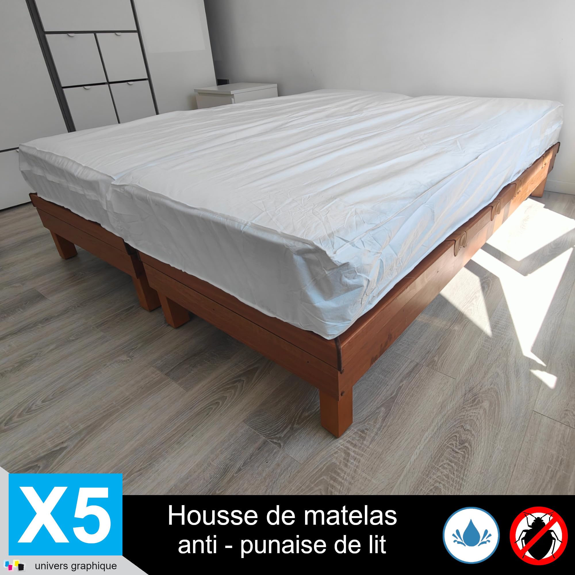 Housse de Protection Intégrale Anti-Punaise de Lit et Anti-Acariens pour Matelas 70 x 190 + 10 cm. (Lot de 5 Housses)