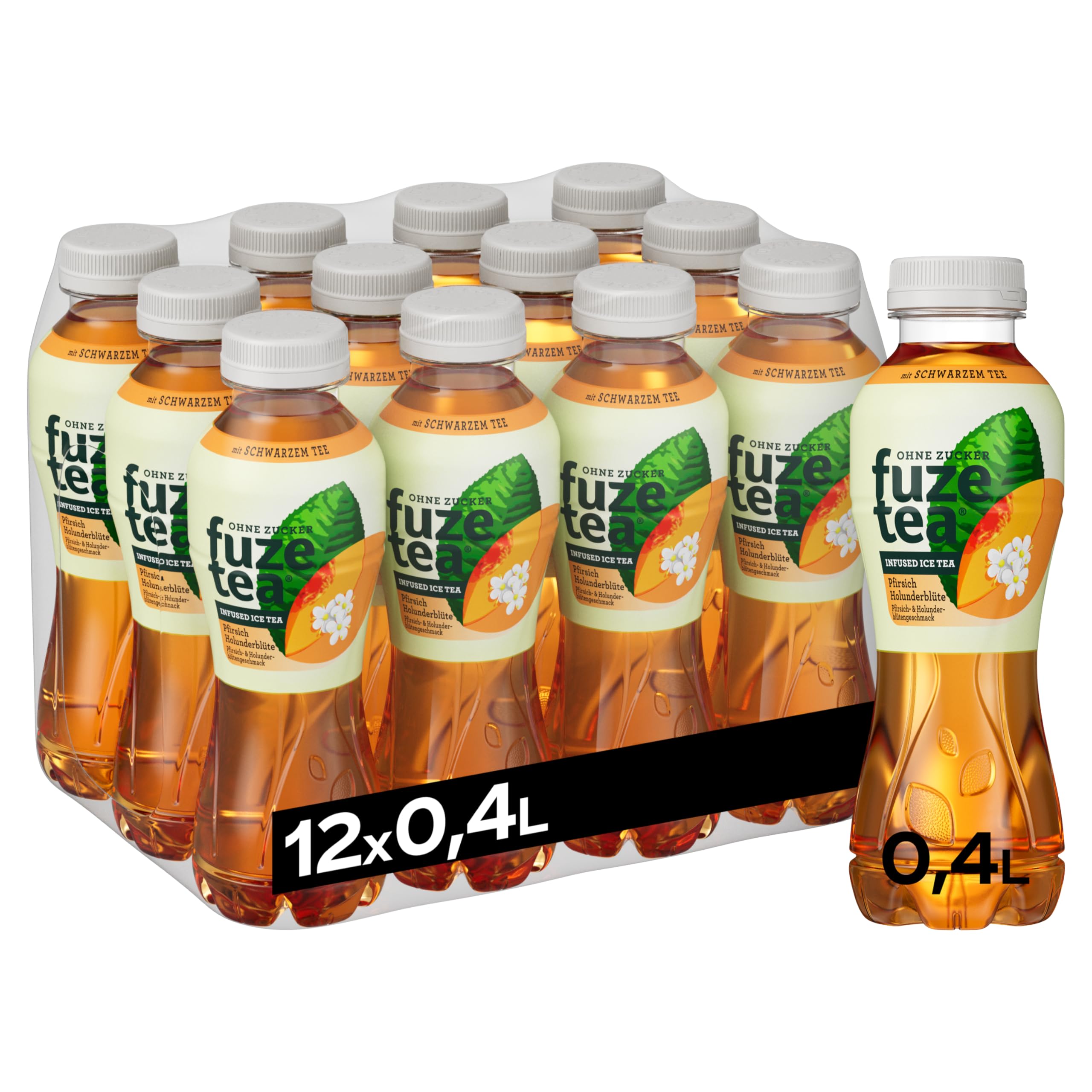 Fuze Tea Schwarzer Tee Pfirsich Holunderblüte - erfrischende Fusion aus Tee, Saft und Kräutern aus Pfirsich und Holunderblüte - ohne Zucker und ohne Kalorien - Einweg Flaschen (12 x 400 ml)