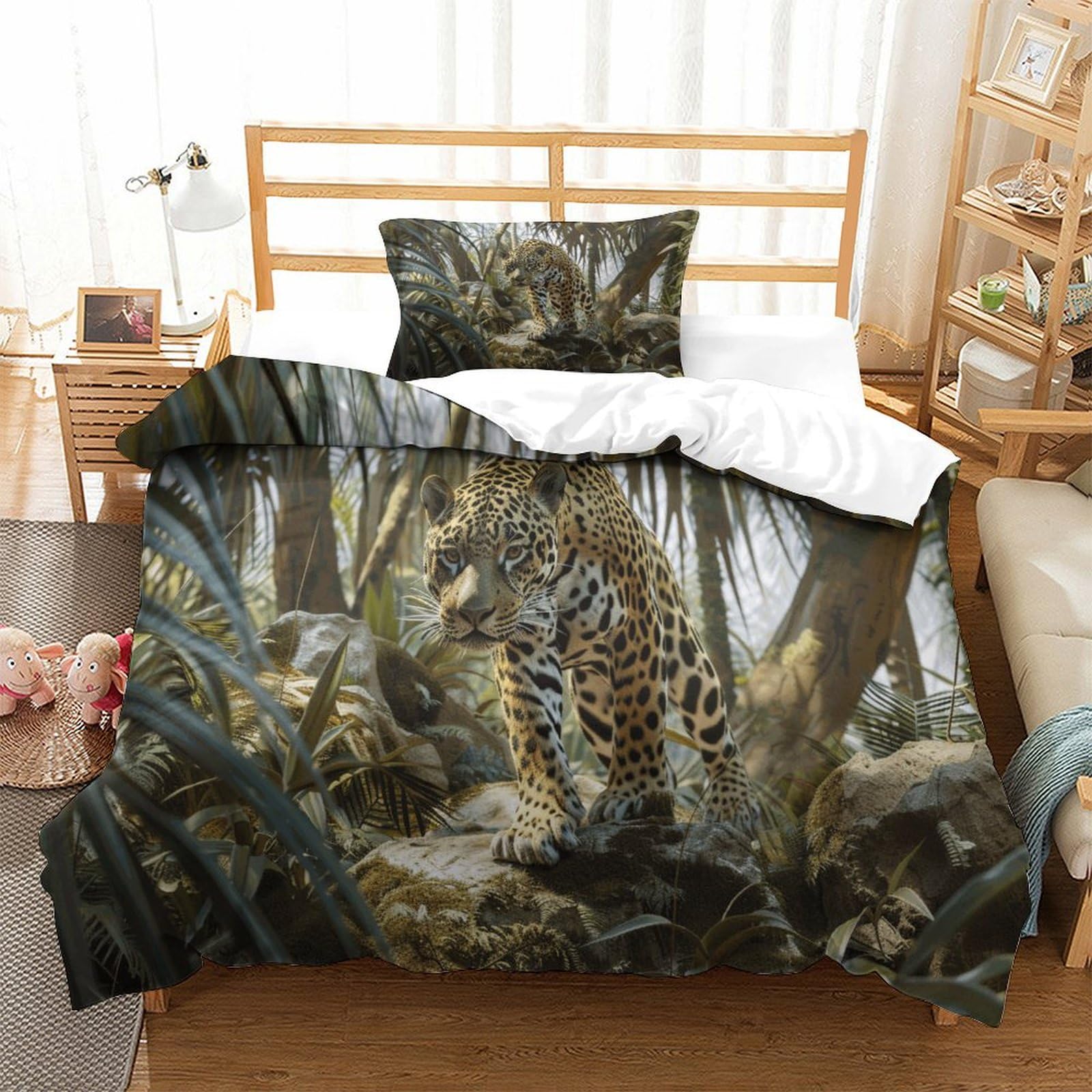 P1s9u7w5y Jaguar-9 Rainforest 3D Printed Leopard Duvet Cover Set 3Pcs Microfiber Jungle Bedding Set Single（135X200cm）