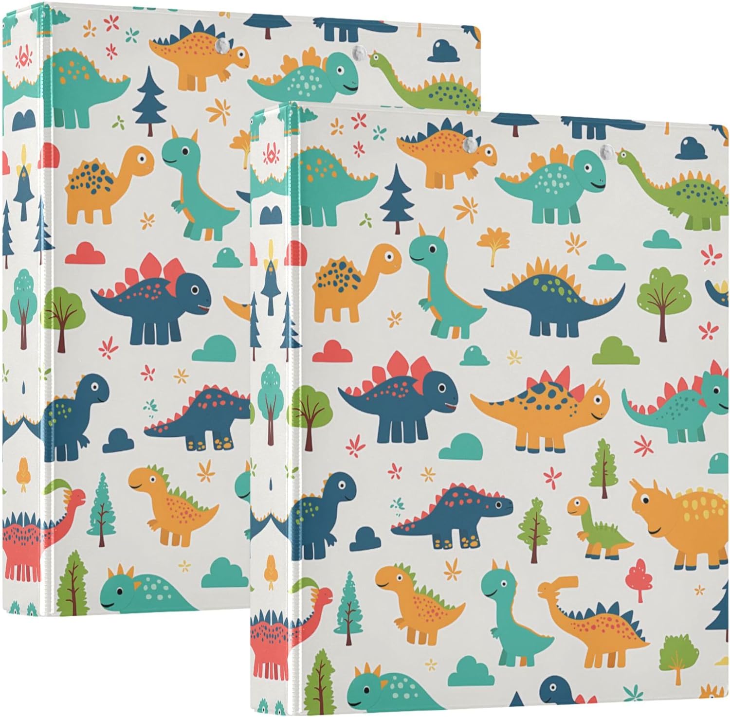 Cute Cartoon Dinosaurs 3 Ring Binders, 1.5” Round Ring Binders with Clipboard - Letter Size, 3 Interior PVC Clear Pockets & Anti-Slip Clip for Office School Supplies, 2PCS