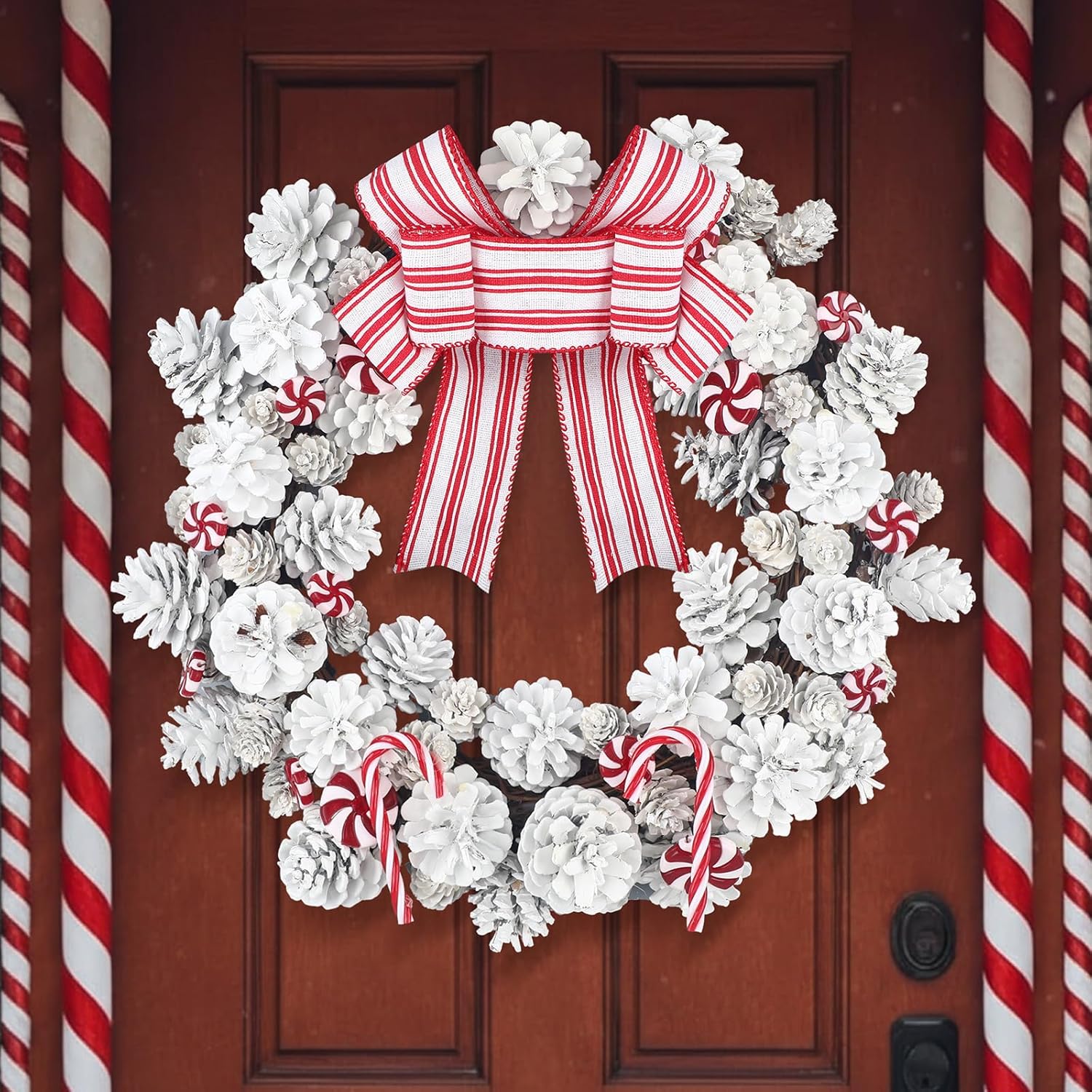 christmas candy cane wreath for front door red and white candy cane christmas wreath with natural pine cones bow for xmas front door outdoor indoor wall window fireplace porch decor