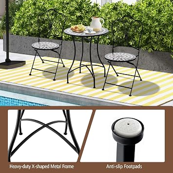 GIANTEX 24 Inch Patio Bistro Table, Mosaic Round Table w/Ceramic Tile Tabletop, Heavy-Duty Metal Structure, Outdoor Dining Table for Backyard, Garden, Porch (Black (Star Pattern))