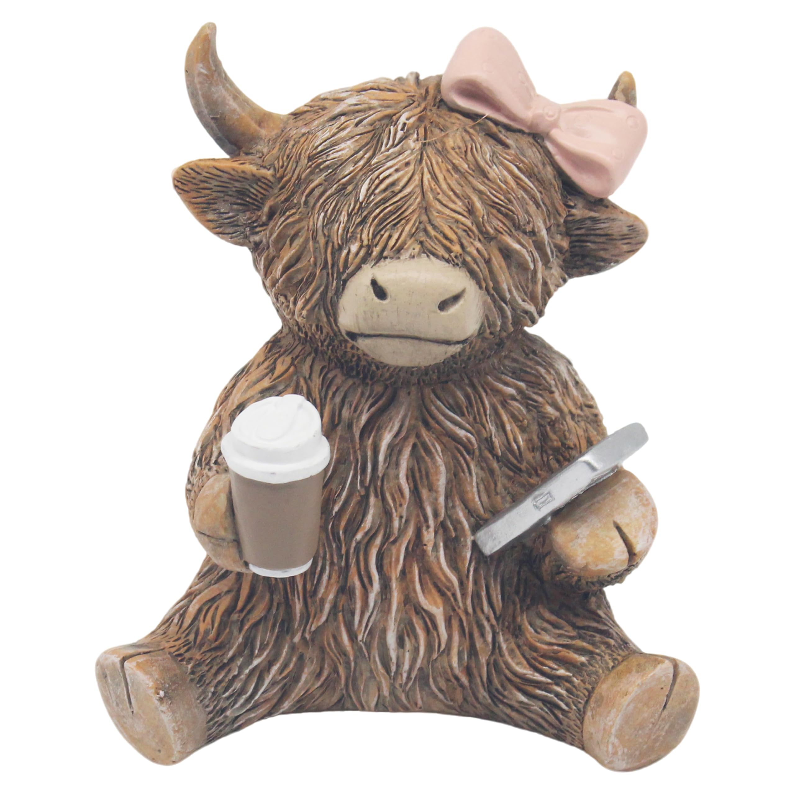 Highland Cow Coffeeholic Girl Figurine Ribbon Ornament Decor Gift Coffee Lovers
