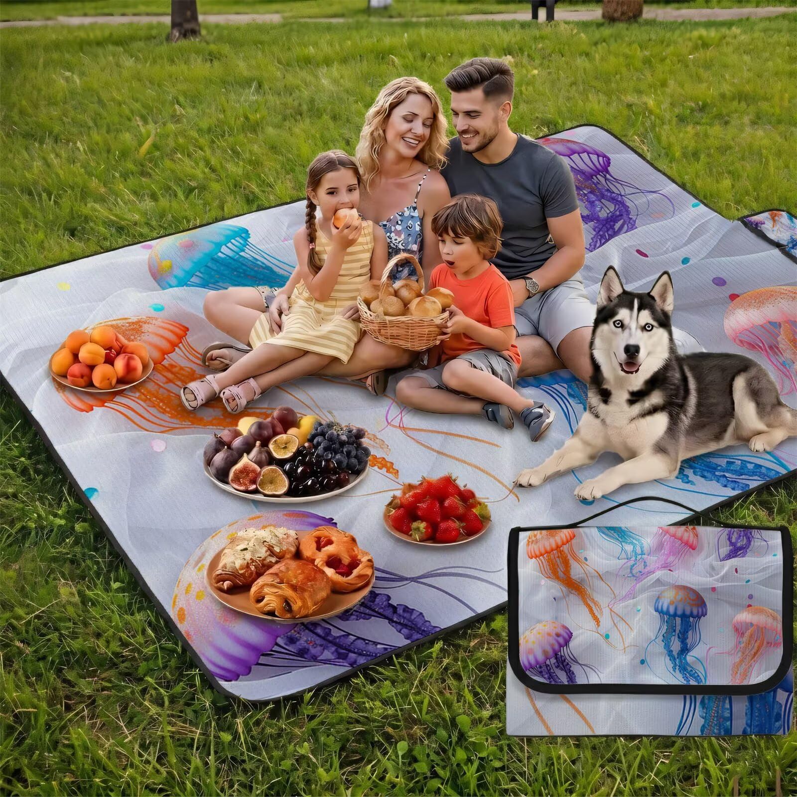 Couverture de Pique-Nique Grande 200x300cm,Outdoor Couverture Imperméable,Pliable Tapis de Plage Dos en PVC Anti-Sable,Picnic Blanket pour Camping Accessoires,Jardin,Parc - Méduse Blanche UZ-790