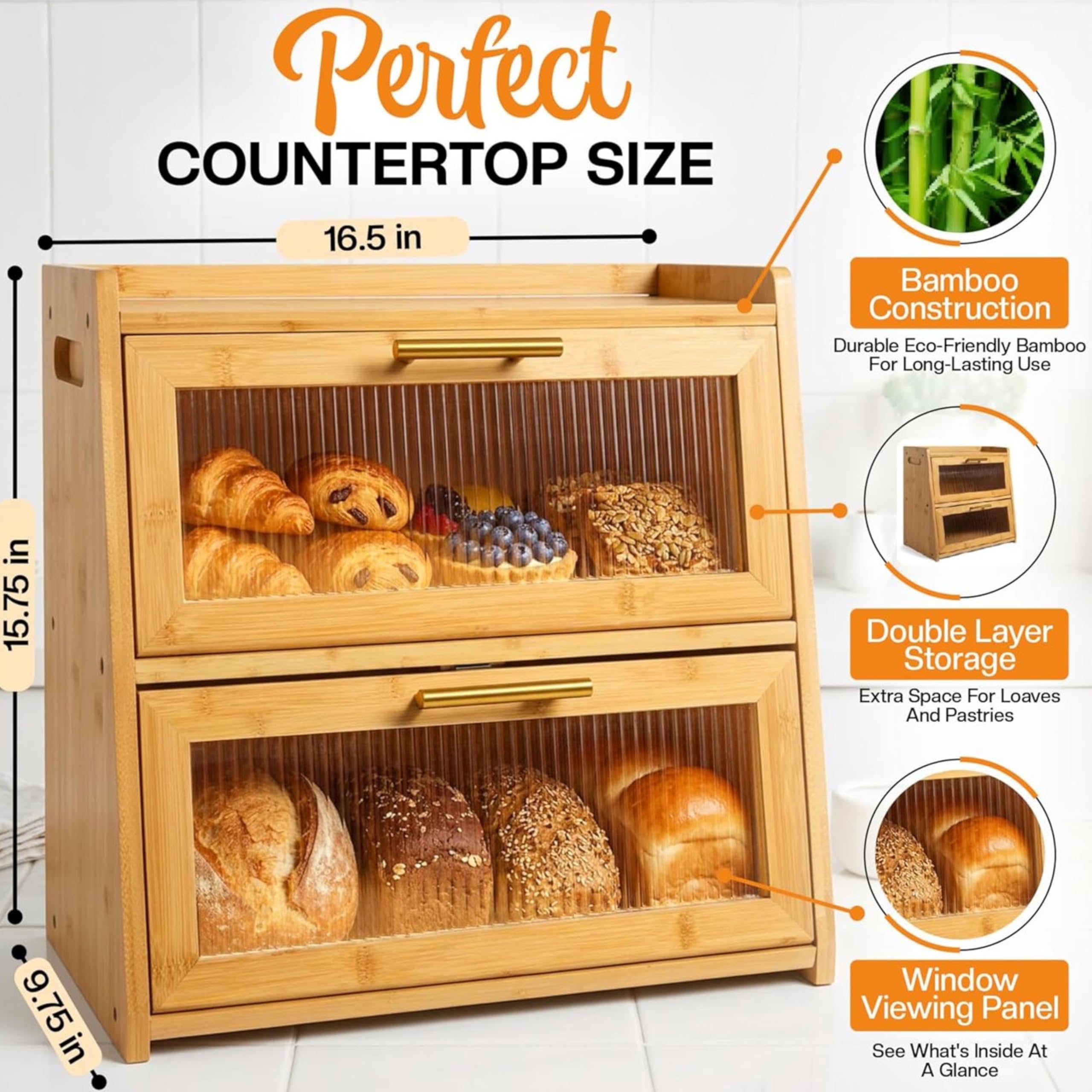 Gennua Kitchen Panera de bambú para encimera de cocina, gran caja de pan de doble capa que proporciona el doble de espacio de almacenamiento de pan, sostiene múltiples panes, duradera y hermosa con