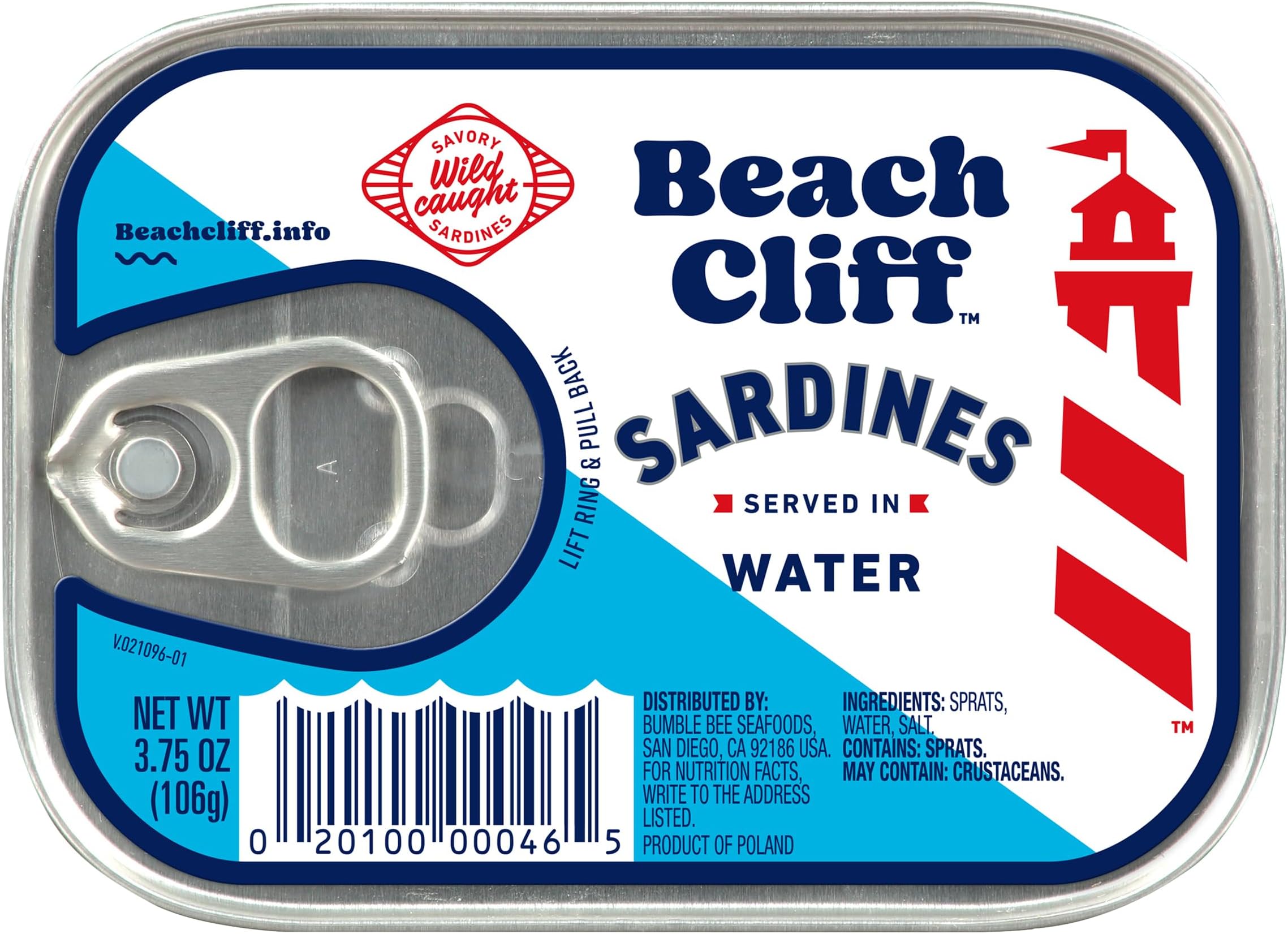 Beach Cliff Sardines in Water, 3.75 oz Can - Wild Caught Sardines - 12g Protein per Serving - Gluten Free, Keto Friendly