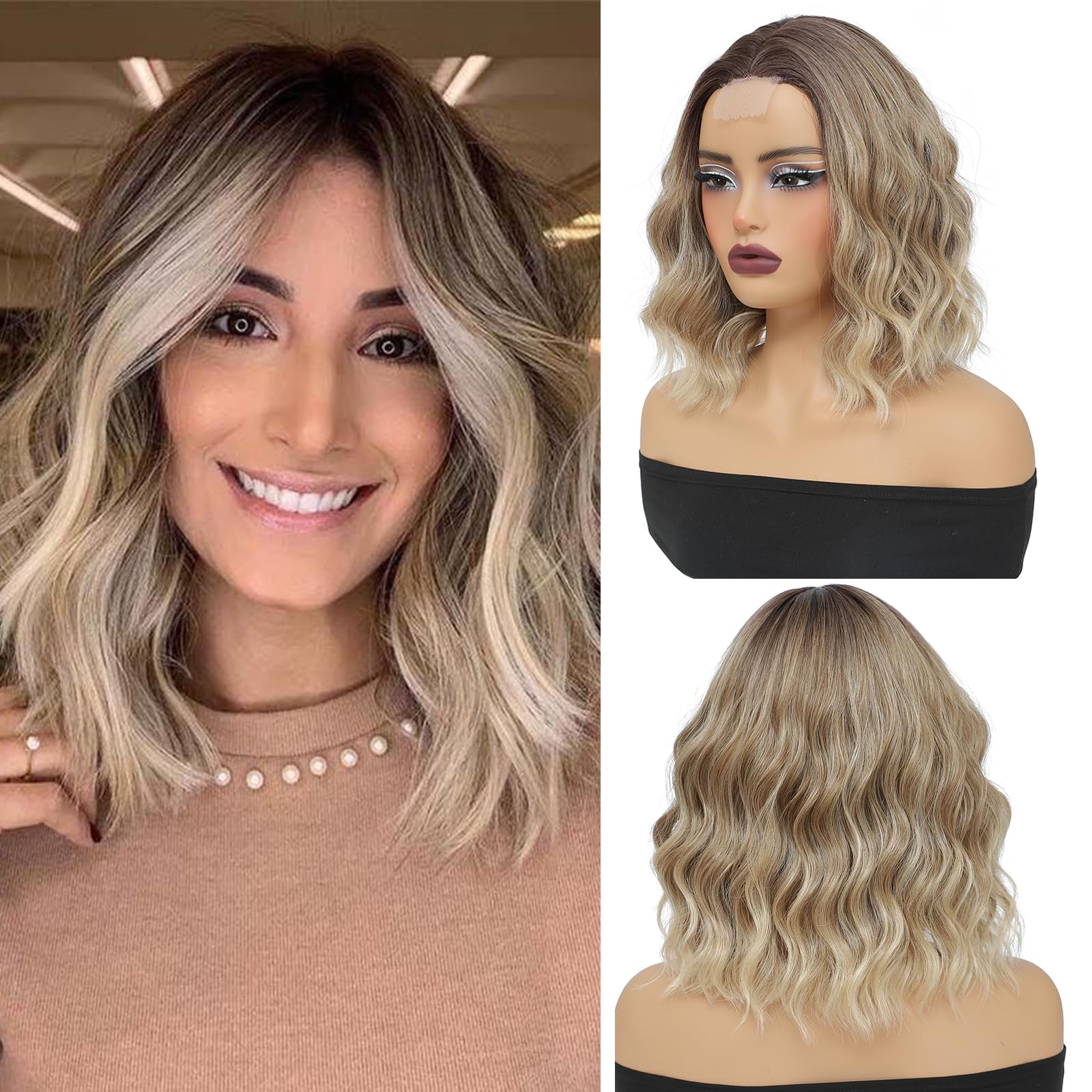 Alileona Synthetic Short Wavy Bob Wigs for Women Middle Part Highlight Natural Wave Wig Synthetic Shorts Wgs for Women Wavy Natural Looking