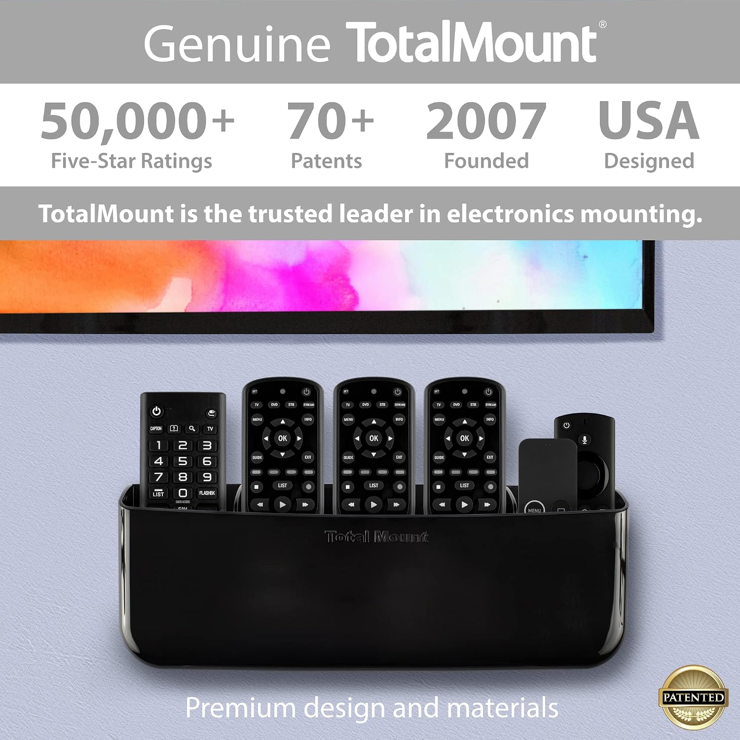TotalMount Hole-Free Remote Holder – Eliminates the Need to Drill Holes in Your Wall (Premium Black Remote Control Holder for 5 or 6 Remotes)