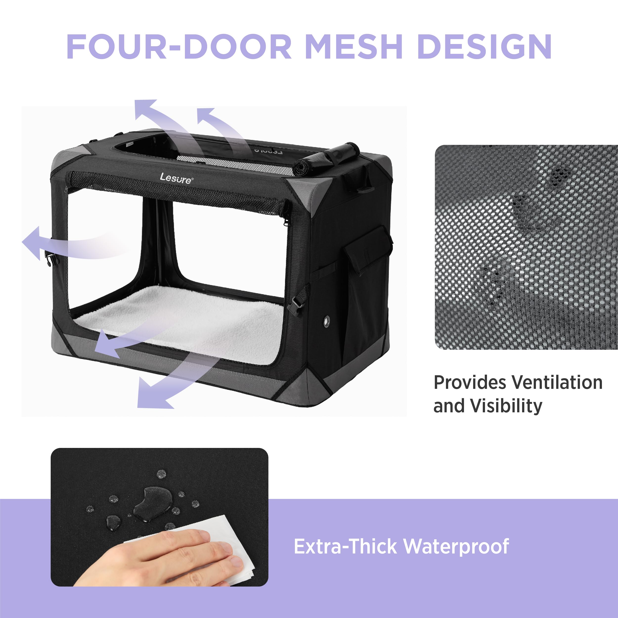 Lesure Hundebox Auto Faltbar Mit Tragegriffen 61 x 40 x 40 cm, Transportbox für Klein & Große Hunde und Katzen, Oxford-Gewebe, Schwarz