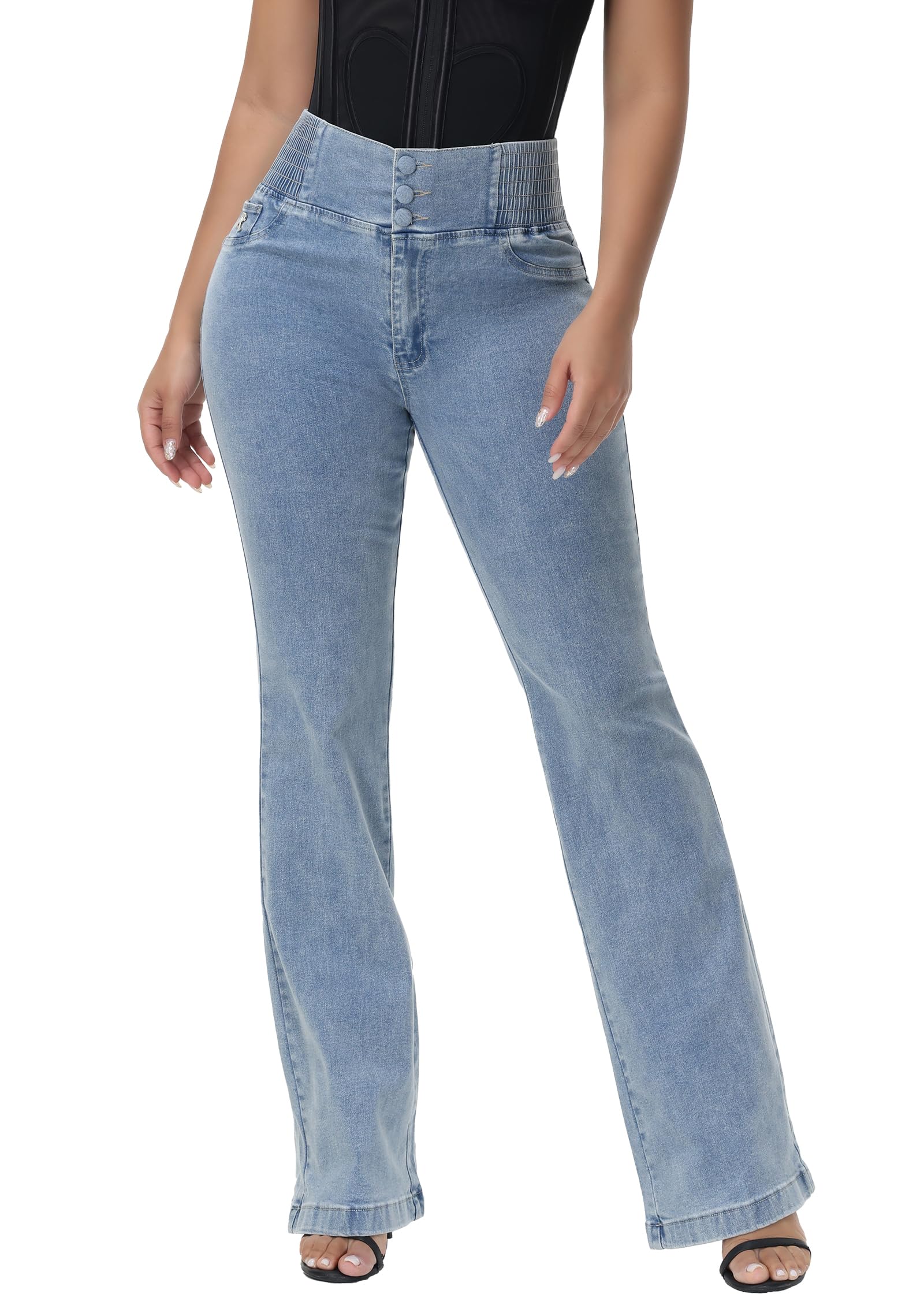SHAPSHE Jeans da donna a vita alta Butt Lift Stretch Jeans 3 bottoni push up skinny colombiano controllo pancia pantaloni in denim