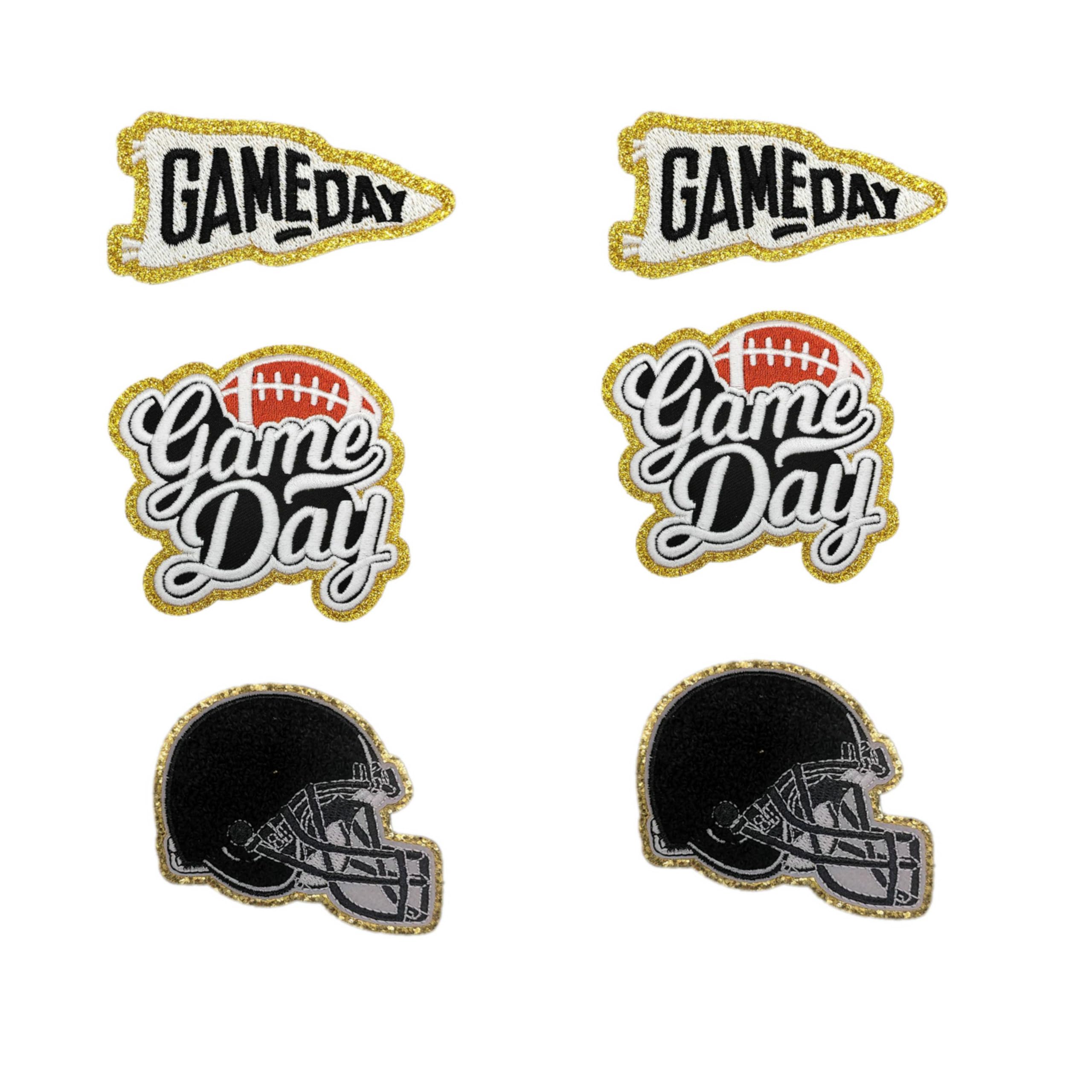 Game Day Embroidered Iron-On Patches Football Helmets LogosEmbroidery Patch Chenille Applique Garments for DIY Clothing Jacket Backpack Hat Bag Decor (Black (6pcs))