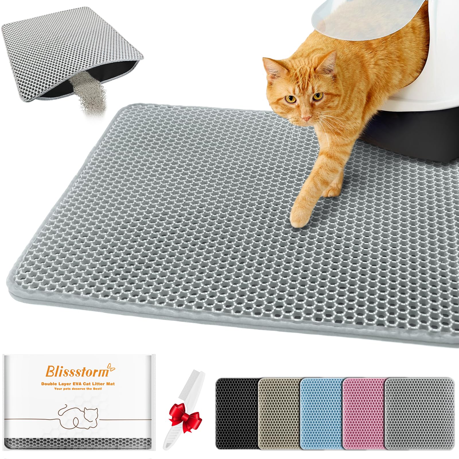 blissstorm Waterproof Cat Litter Mat, Double Layer EVA, Odor-Free Large Grid, Urine Proof, Easy Cleanup (Gray, 12 x 12)