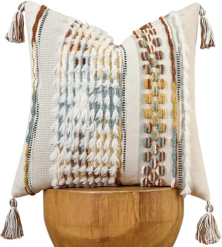 Vista 11 de AmHoo Juego de 2 fundas de almohada con textura de chenilla rayadas estilo boho con borlas, funda decorativa tejida para almohada para sofá, cama