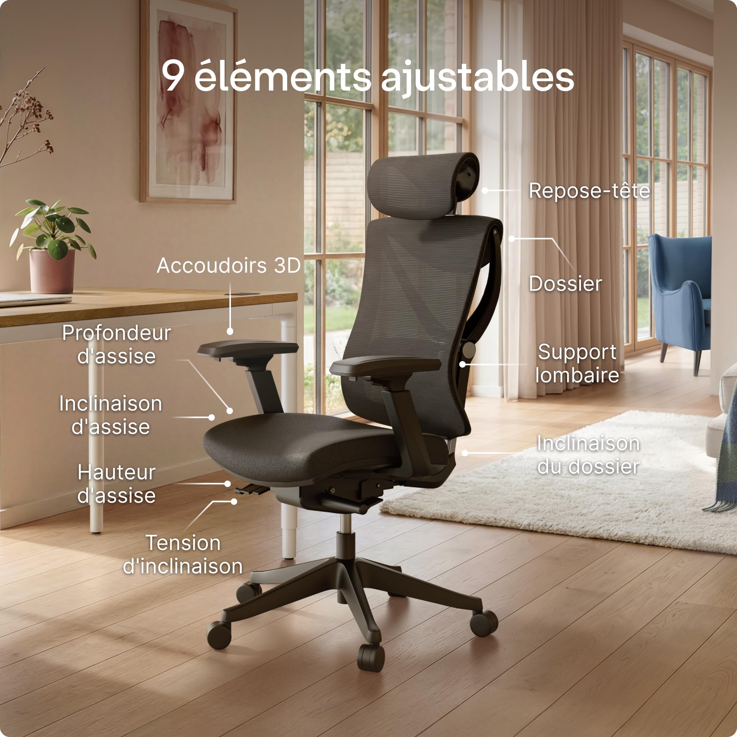 Desktronic Chaise de Bureau Ergonomique réglable Chaise de Bureau avec Support Lombaire - Aucune Douleur au Dos - Chaise d'ordinateur réglable en Hauteur et protégeant Le Dos - Noir