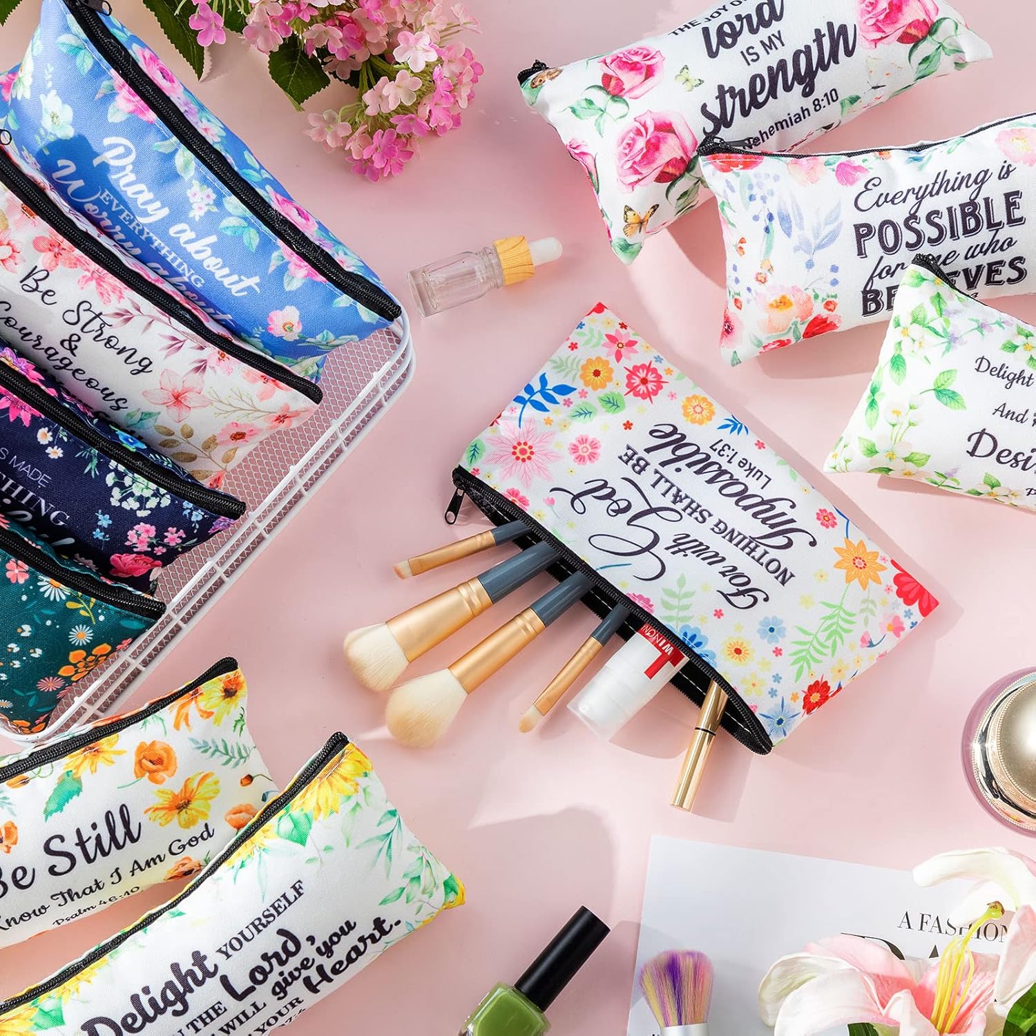 Talltalk 14 Pcs Valentines Christian Makeup Bags Bulk Religious Galentine Gifts Bible Verse Pencil Pouch Inspirational Cosmetic Bags for Women Travel Office Teachers Supplies(Floral) - Image 6