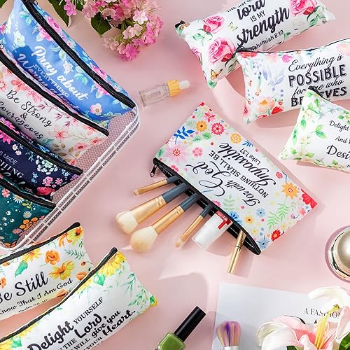 Miniatura 6 de Talltalk 14 bolsas de cosméticos cristianos a granel, regalo cristiano para mujeres, bolsas de maquillaje, versículo bíblico inspirador, bolsa para