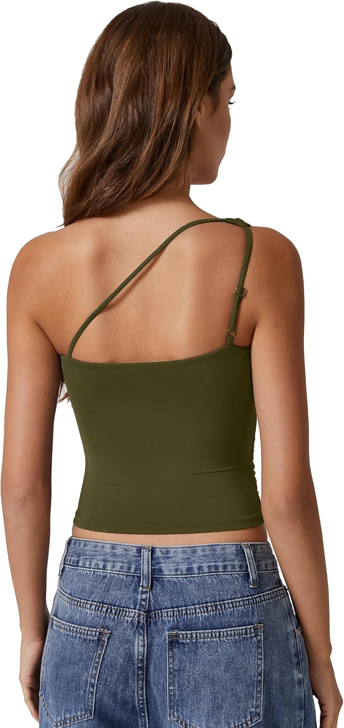 QINSEN Women's One Shoulder Tank Tops Double Lined Sleeveless Slim Fit Cropped Tee Shirt Y2k Tops - Image 2