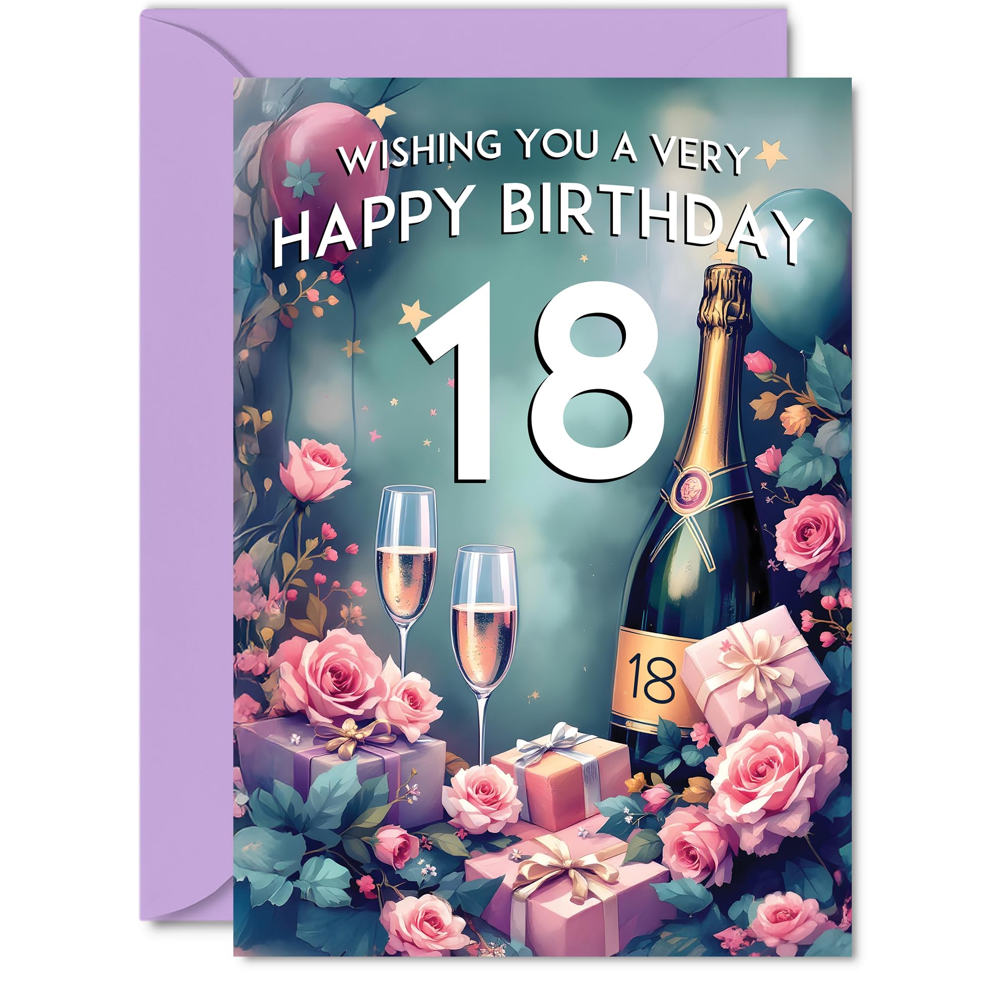 18th Birthday Card, Pink Presents Champagne Bottle