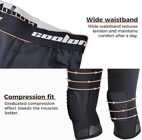 Miniatura 5 de COOLOMG Leggings de baloncesto para hombre con rodilleras, pantalones de compresión acolchados capri, mallas atléticas