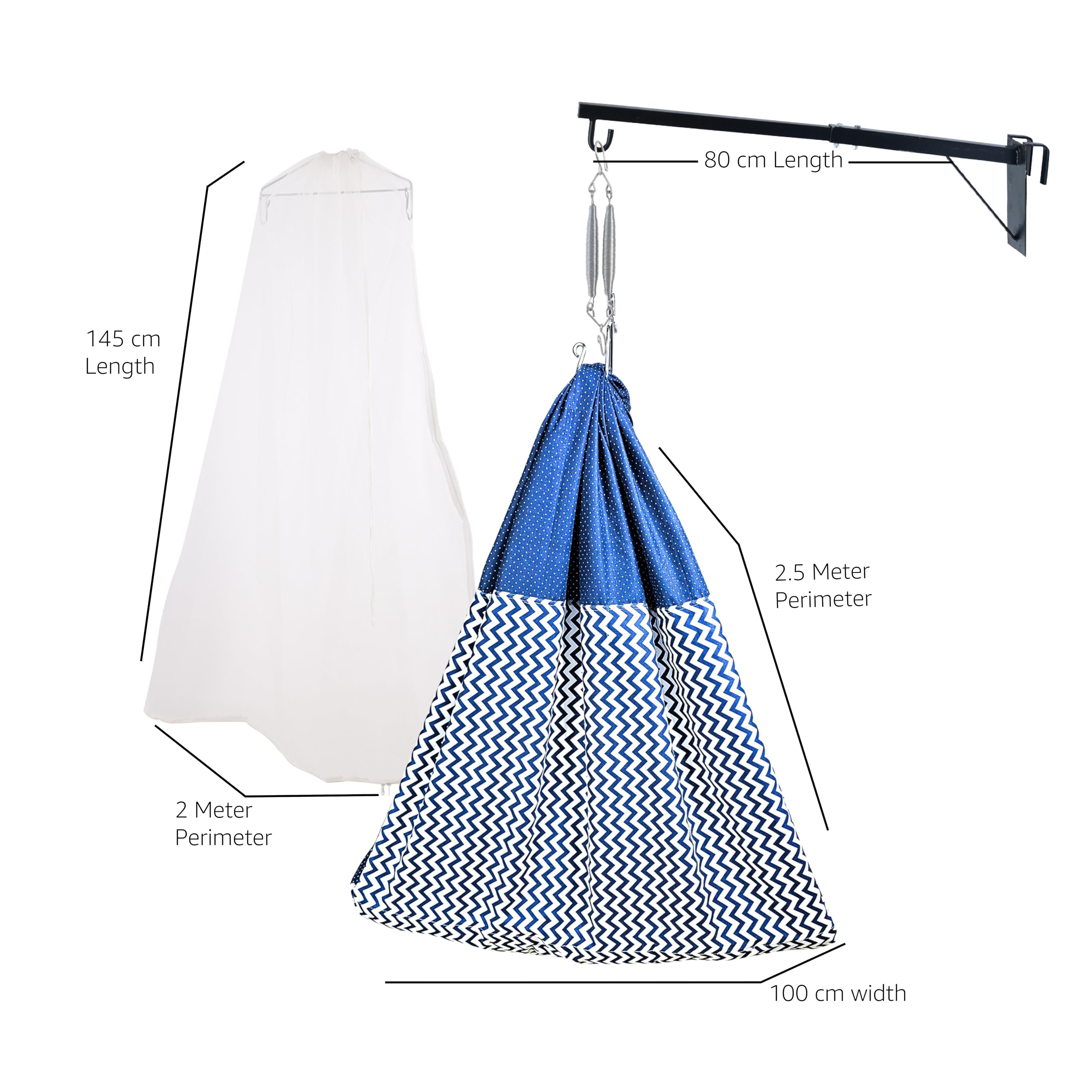 beetot Cotton Baby Cradle Swing/Jhula (Thottil Cloth, Palna, Dolna) Set | Hanging Cradle With Padded Bed, Mosquito Net, Spring, Triangle & Window Hanger | Up To 15 Kg | 0-2 Years | FS-Print Navy-15983 - Image 3 thumbnail