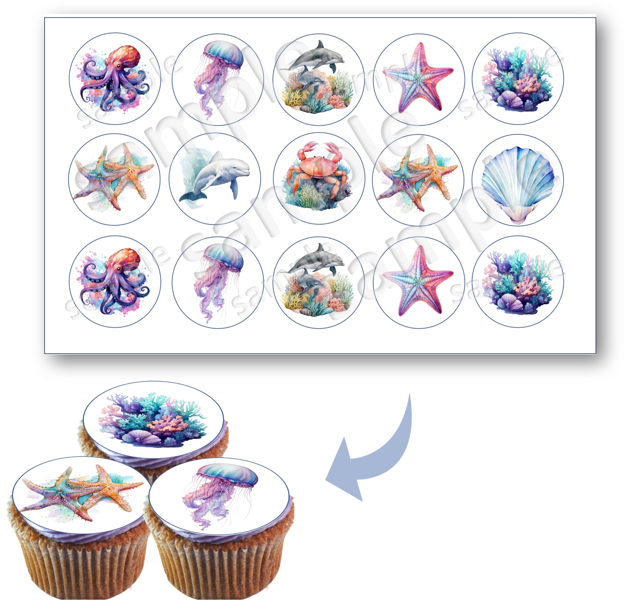 Under the sea images for Oreo cookies chocolate covered, edible image cupcake topper printed on edible paper sugar icing sheet, for cookie decorating, 15 circles 2