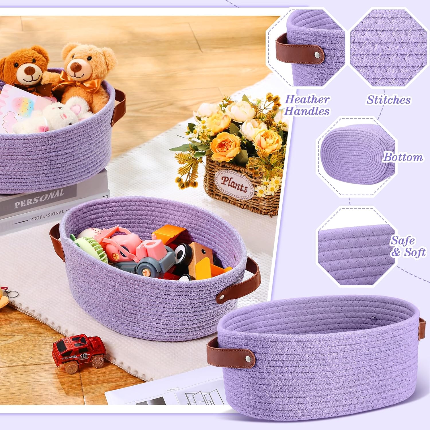 Colingmill 2 Pack Mother Day Woven Baskets for Gifts Empty with Handle Graduation 12 x 8 x 5 Inch Small Holiday Basket with Bag and Ribbon Empty Organizer for Wedding Birthday Gift(Purple)