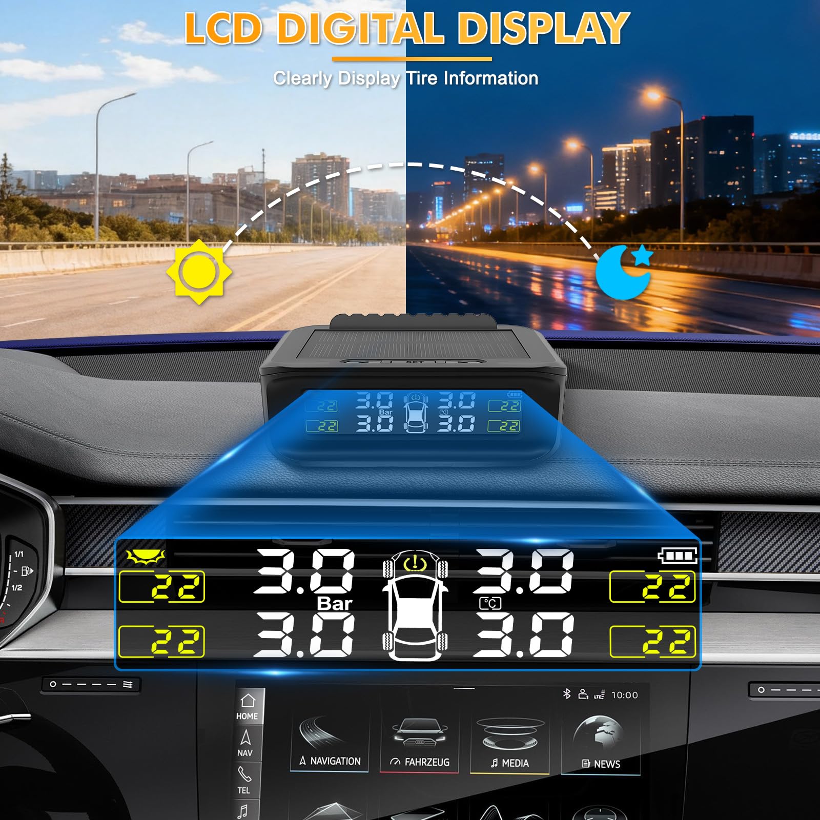 TPMS Sistema de Monitoreo de Presión de Neumáticos, Carga Solar/USB, 5 Funciones de Alarma, 4 Sensores Externos, 0-87 PSI/0-6.0 Bar,Compatible Berlina/SUV/MPV