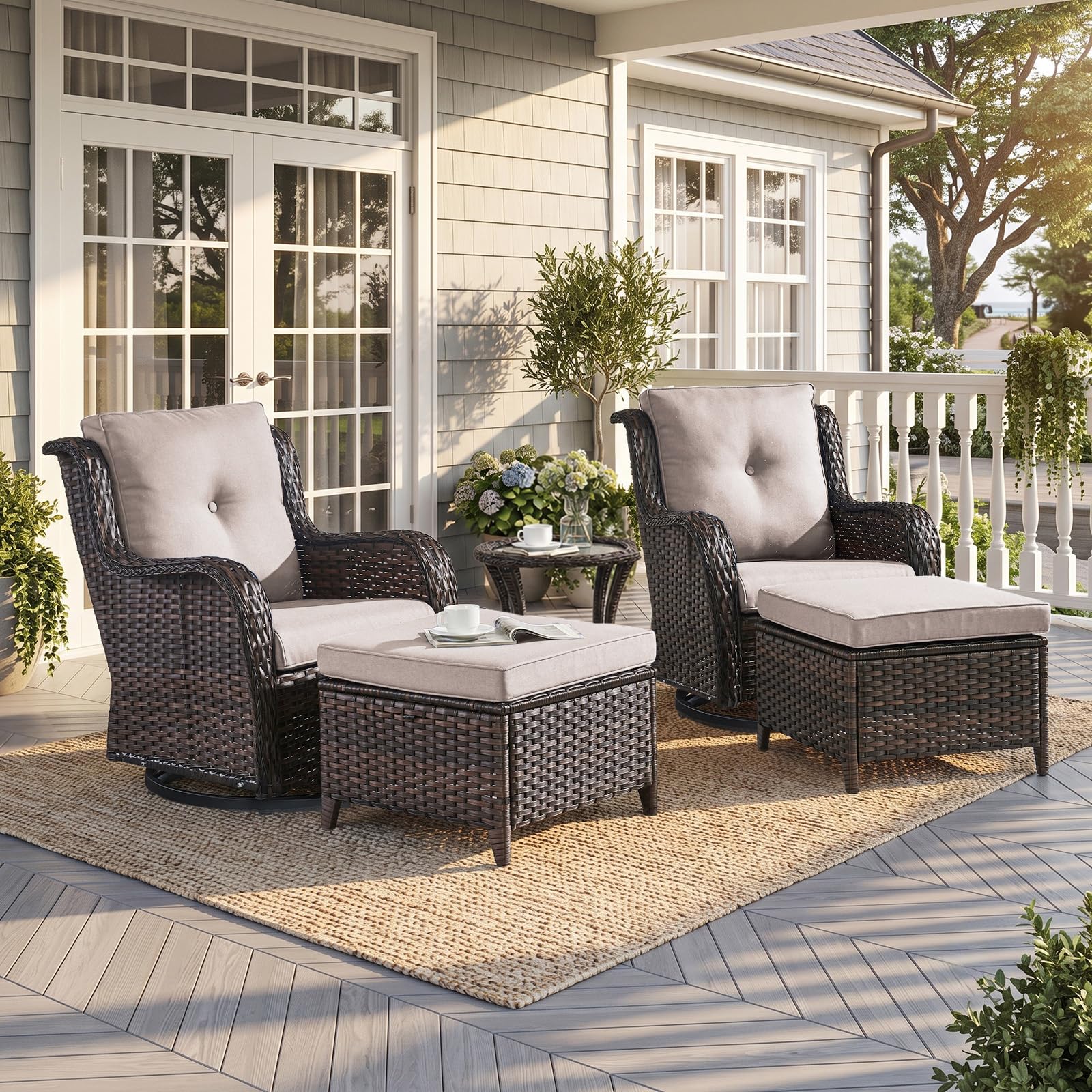 Outdoor Brown Wicker Patio Furniture Set of 5 with Ottomans, Beige Cushions