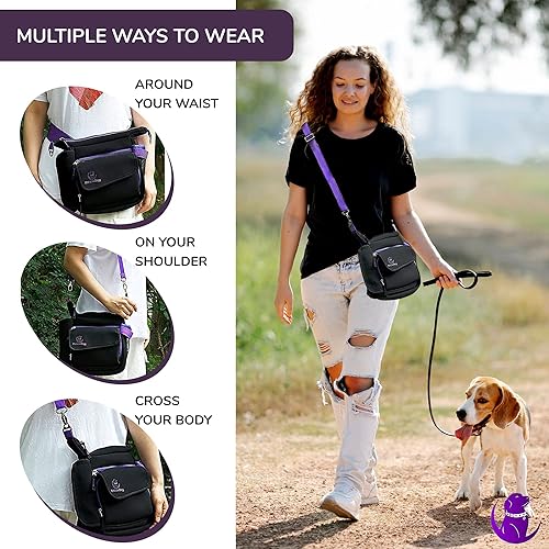 Miniatura 5 de HummerDogg Bolsa de golosinas para perros con bolsa de olor a carbón, bolsa de entrenamiento para perros morada con soporte para botellas, cinturón