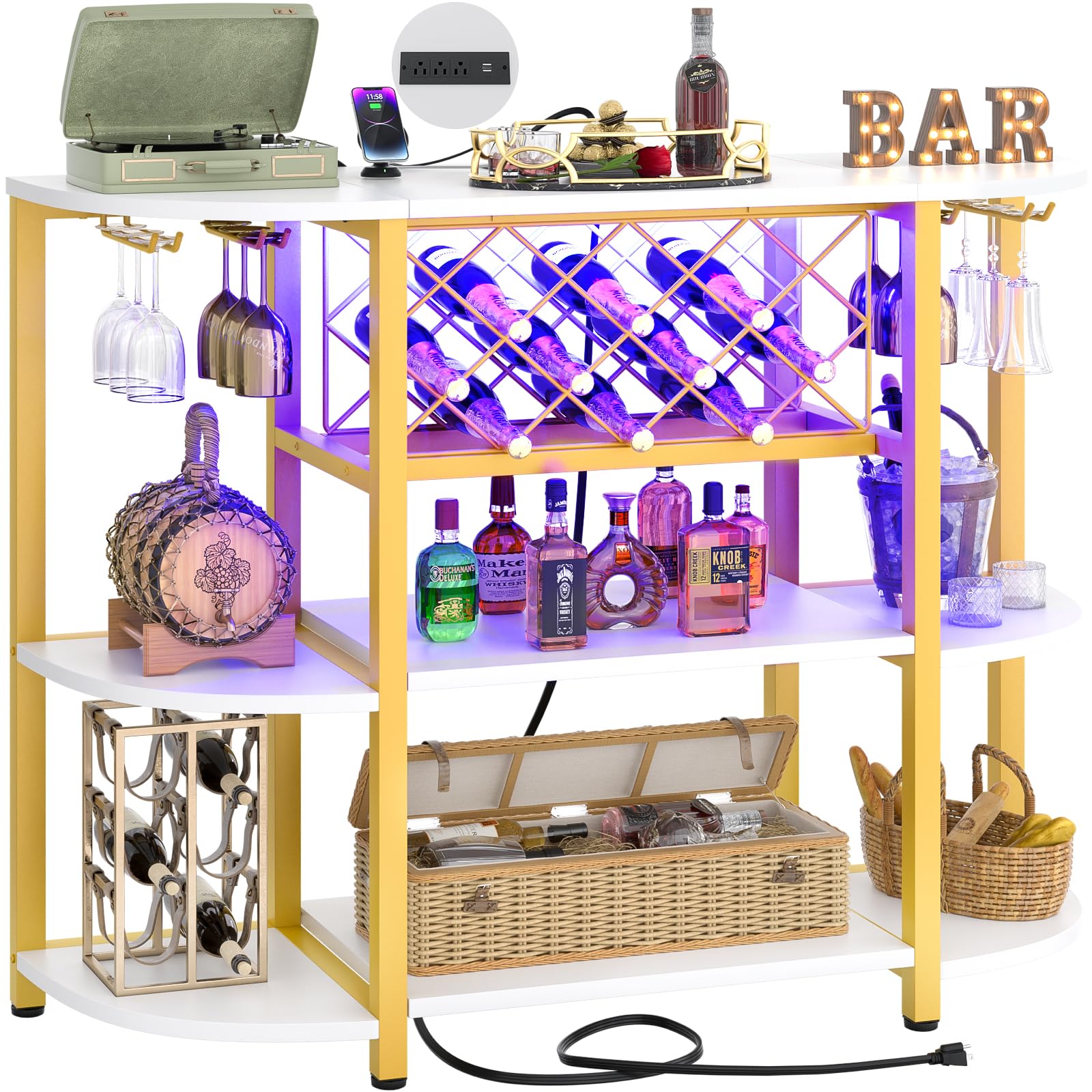 Home Bar Cabinet with Power Outlet, Industrial Freestanding Wine Bar with LED Strip and Glass Holder, Liquor Bar Cabinet for Liquor and Glasses, Mini Bar for Small Space, White and Gold