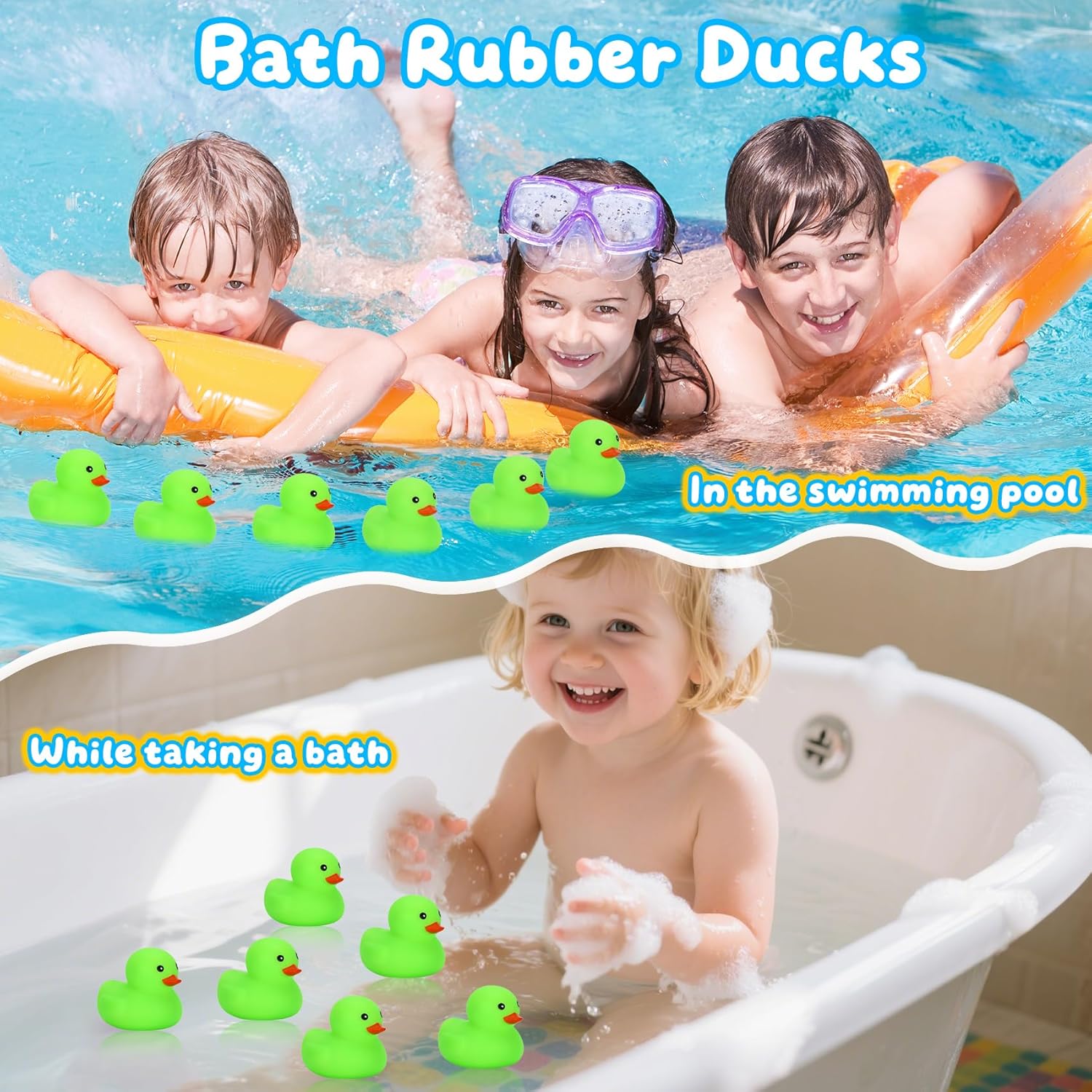 200 Pack Glow in The Dark Rubber Ducks, 2" Squeaky Floating Duck Bath Toys for Kids, Bulk Bath Toy Set with Bag for Bath Time, Birthdays & Party Gifts