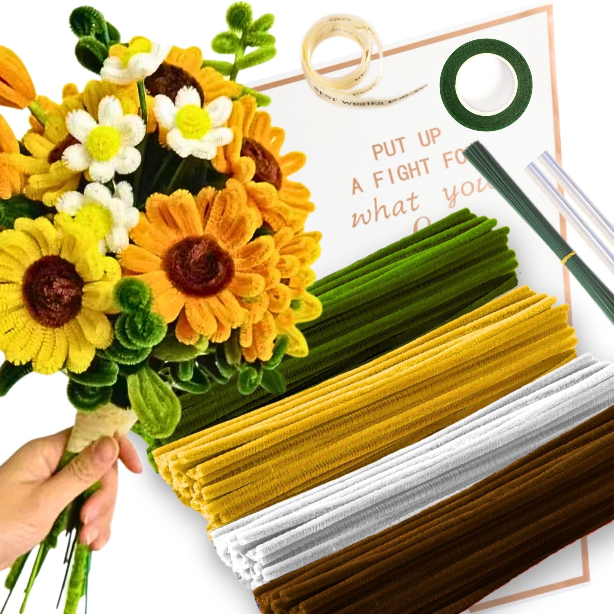HanCheng Sunflower Pipe Cleaner Set with 150 Pipe Cleaners Colourful in 4 Colours（Brown,Golden Yellow,White,Green, 8 Pcs Florist Wire,Florist Tape,Flower Cellophane Bag,Ribbon