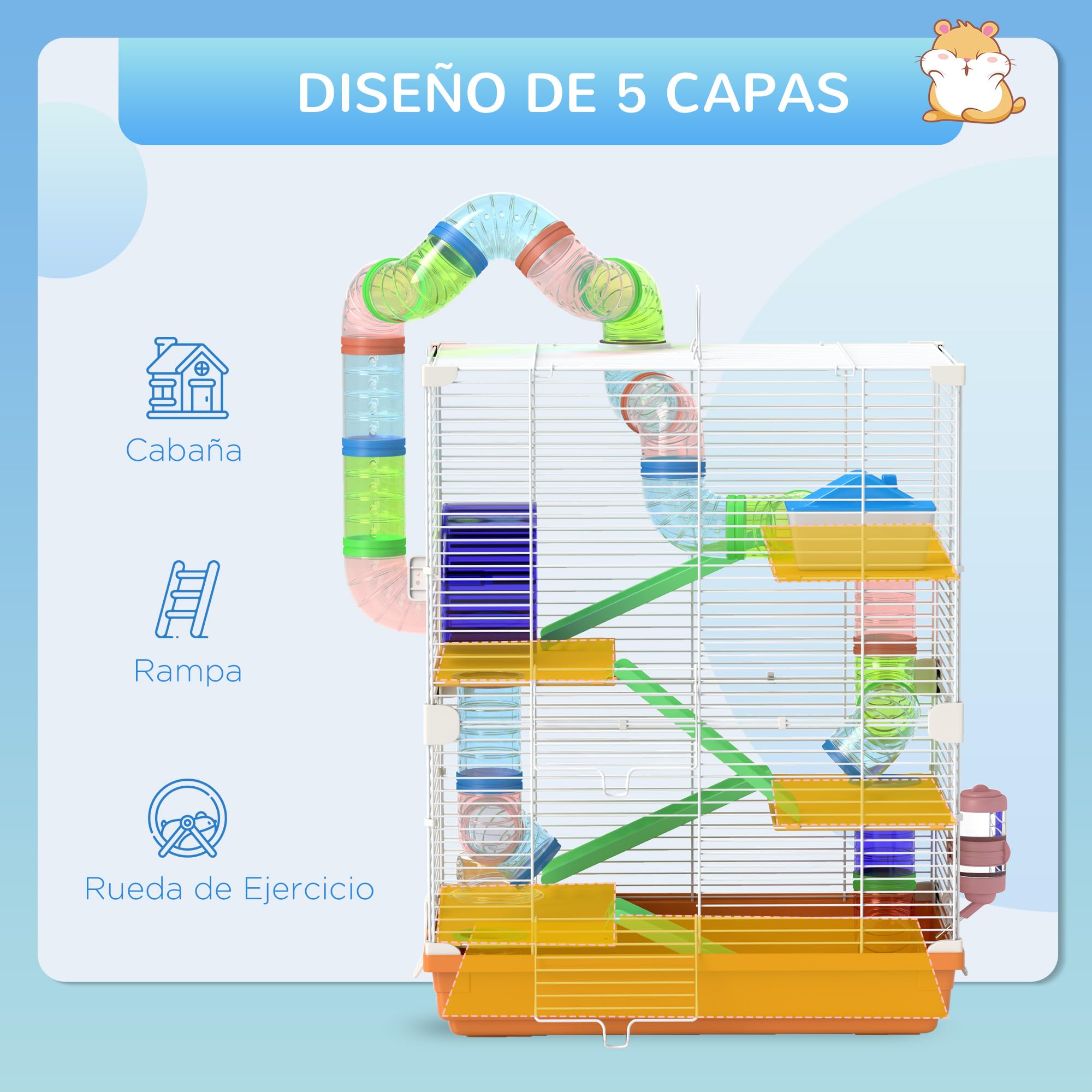 PawHut Jaula para Hámster de 5 Niveles, Casa para Roedores Pequeños con Túnel, Plataformas, Cuenco, Bebedero, Casita, Rampas y Rueda de Ejercicio, para Jerbos, 46x30x58 cm, Naranja