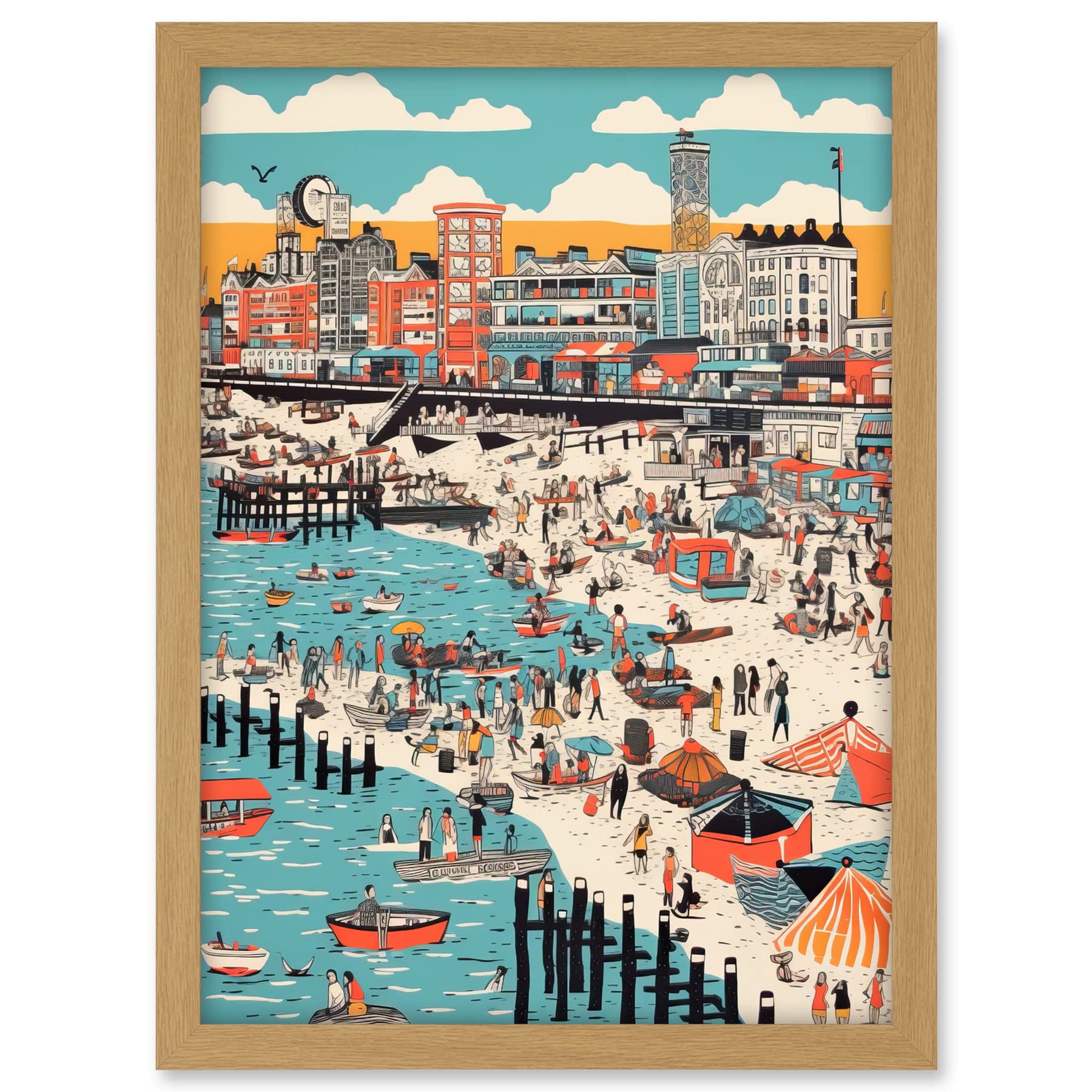 Artery8 Brighton Beach Warm Summer Day Colourful Scene Artwork Framed A3 Wall Art Print