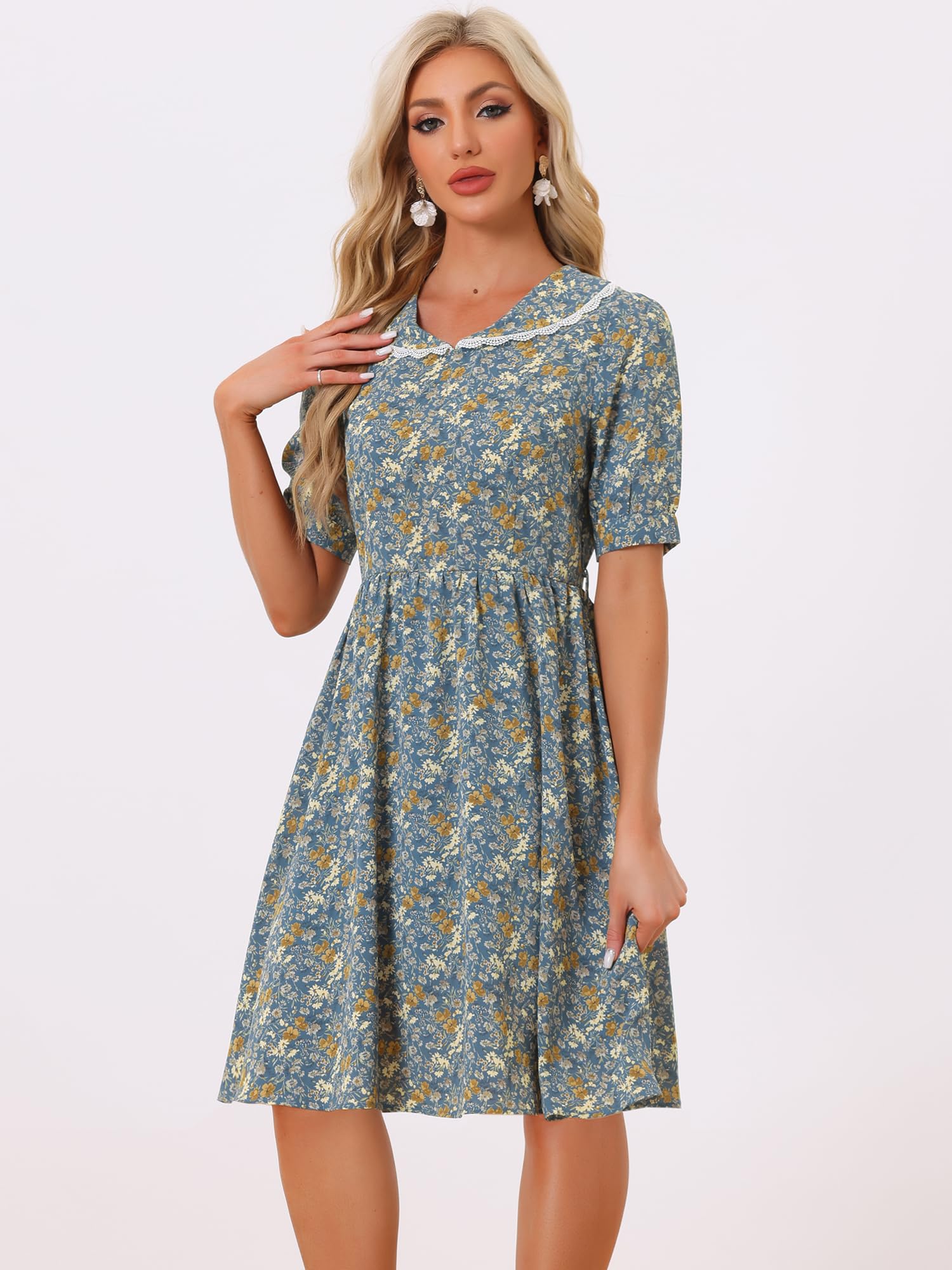 Allegra K Damen Vintage Bubikragen Fließendes Midi Kleid mit Blumenmuster