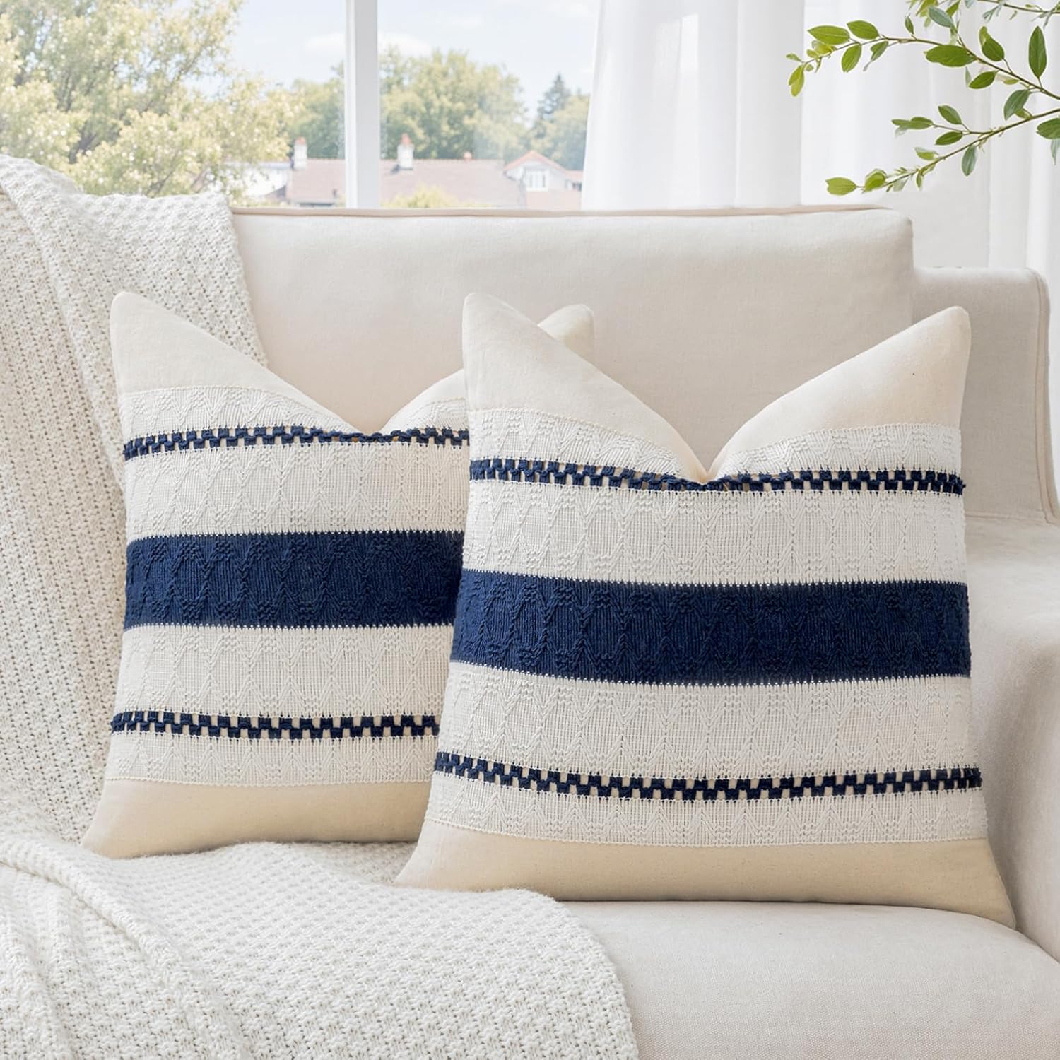 Alsoo Navy Blue Throw Pillow Covers 18x18 Inch Set of 2, Farmhouse Square Decorative Accent Cushion Case for Couch Living Room, Modern Neutral Rustic Home Decor