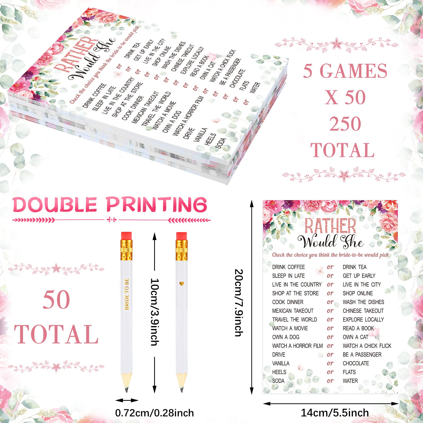 Bridal Shower Games Supplies - 300 Pcs Set With 5 Games, Cards, Pencils For 50 Guests, Wedding Party Favors - View #8