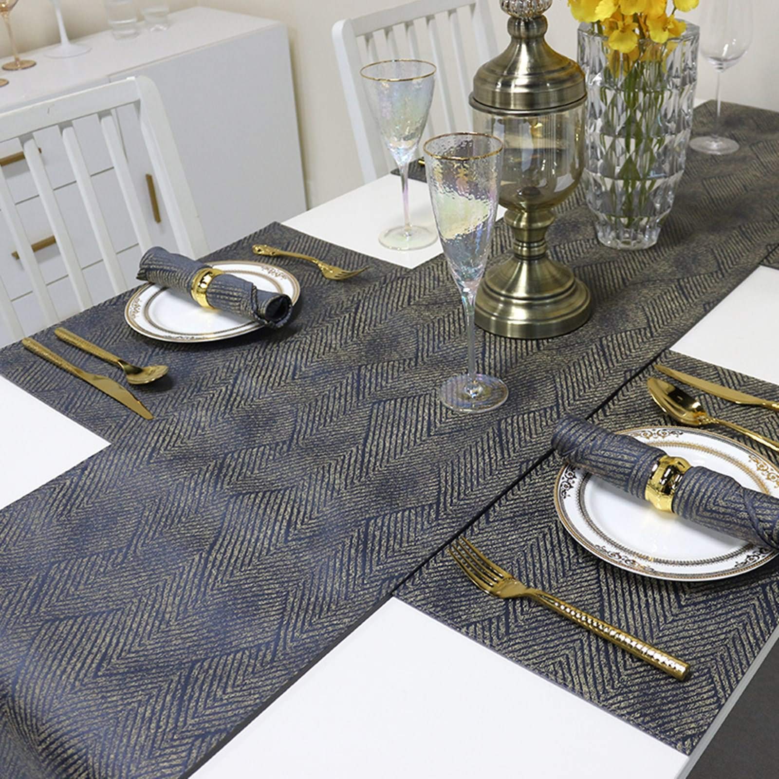 Runner Moderno Tavolo, Cotone Motivo jacquard a spina di pesce con nappina Runner da Tavola Decorazione da Tavola per Compleanni & Matrimoni (Blu scuro Oro, 35 x 183 cm)