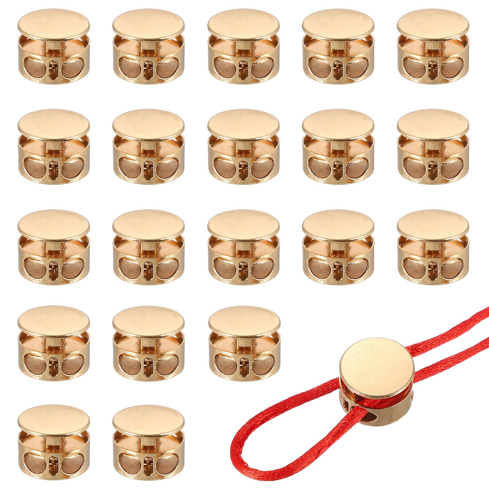 YELARXI Metal Cord Locks, Double Hole Draw String Spring Stopper Fastener Round Slider Toggles End 0.7" & 20 Pcs & Gold -Fitting for (Drawstrings/Shoelaces/Backpack/Clothing/Lanyard)