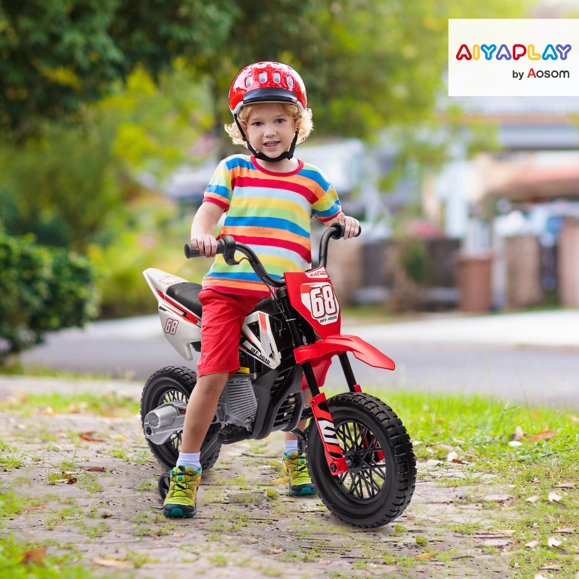AIYAPLAY Moto Eléctrica Infantil 12V 2,4-5 km/h con Ruedas Auxiliares Desmontables, Carga 30 kg, Rojo