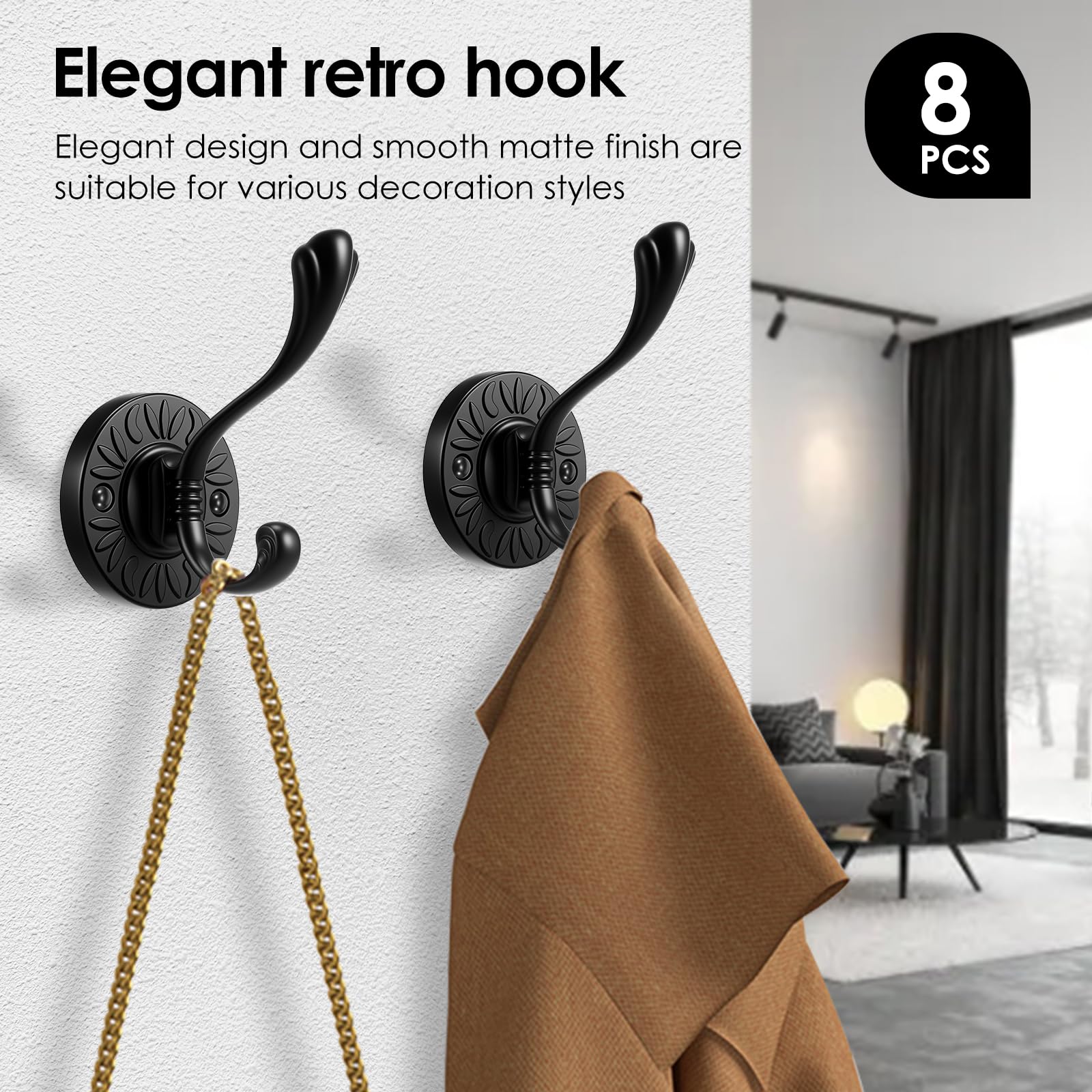 Ganchos de Pared, Ganchos for Abrigos Negros de Alta Resistencia, Perchas Doble Punta montadas en la Pared for Ropa, Toallas, Mochilas, 8 Uds