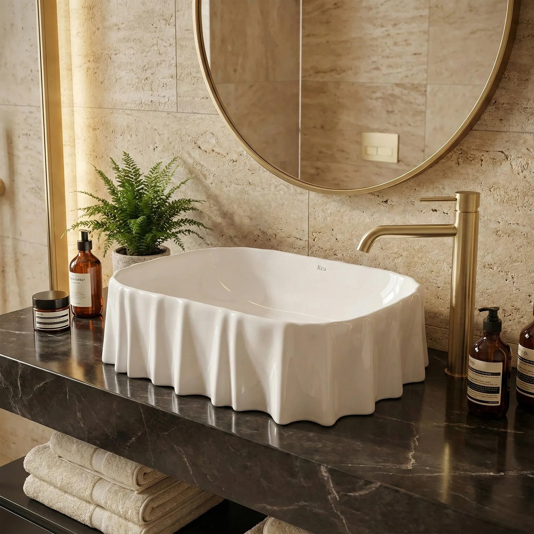 Rea - Lavabo da appoggio Atria Curvato - Ceramiche Sanitarie - Bianco - 50 x 40 x 1,4 cm