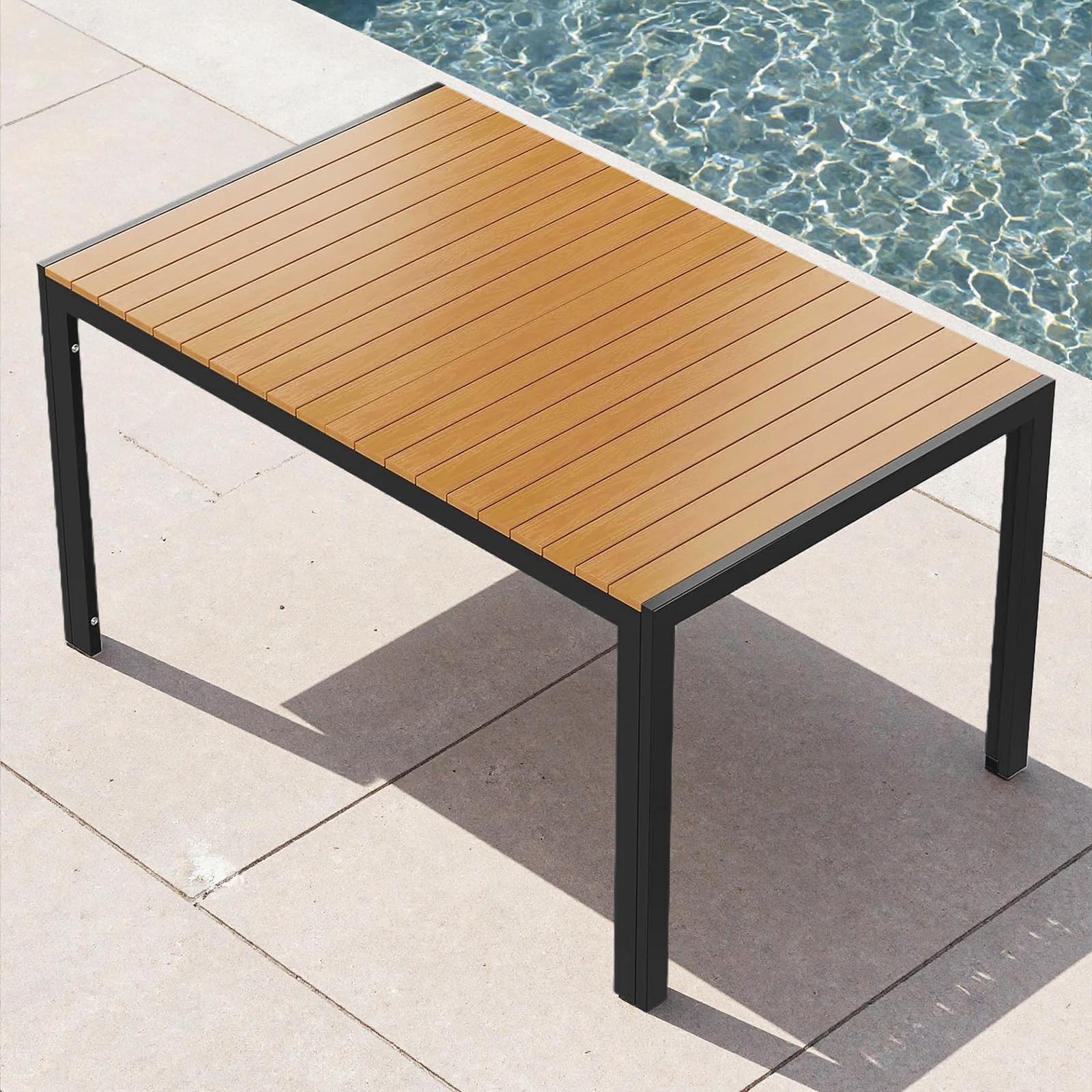 Clevich Tavolo da giardino resistente alle intemperie, 140 x 90 cm, quadrato in alluminio con piano in WPC, tavolo da pranzo da esterno per balcone e terrazza, facile da pulire e durevole, nero+teak
