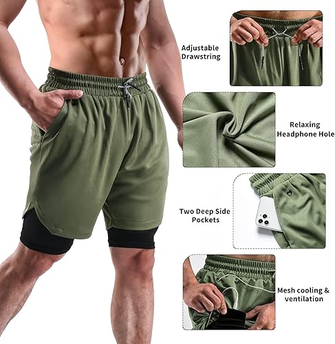 Miniatura 3 de 2 in 1 Mens Shorts Casual 2 Pack, Running Gym Shorts for Men 7 Inch, Workout Shorts Men with Pockets &Towel Loop negro y verde