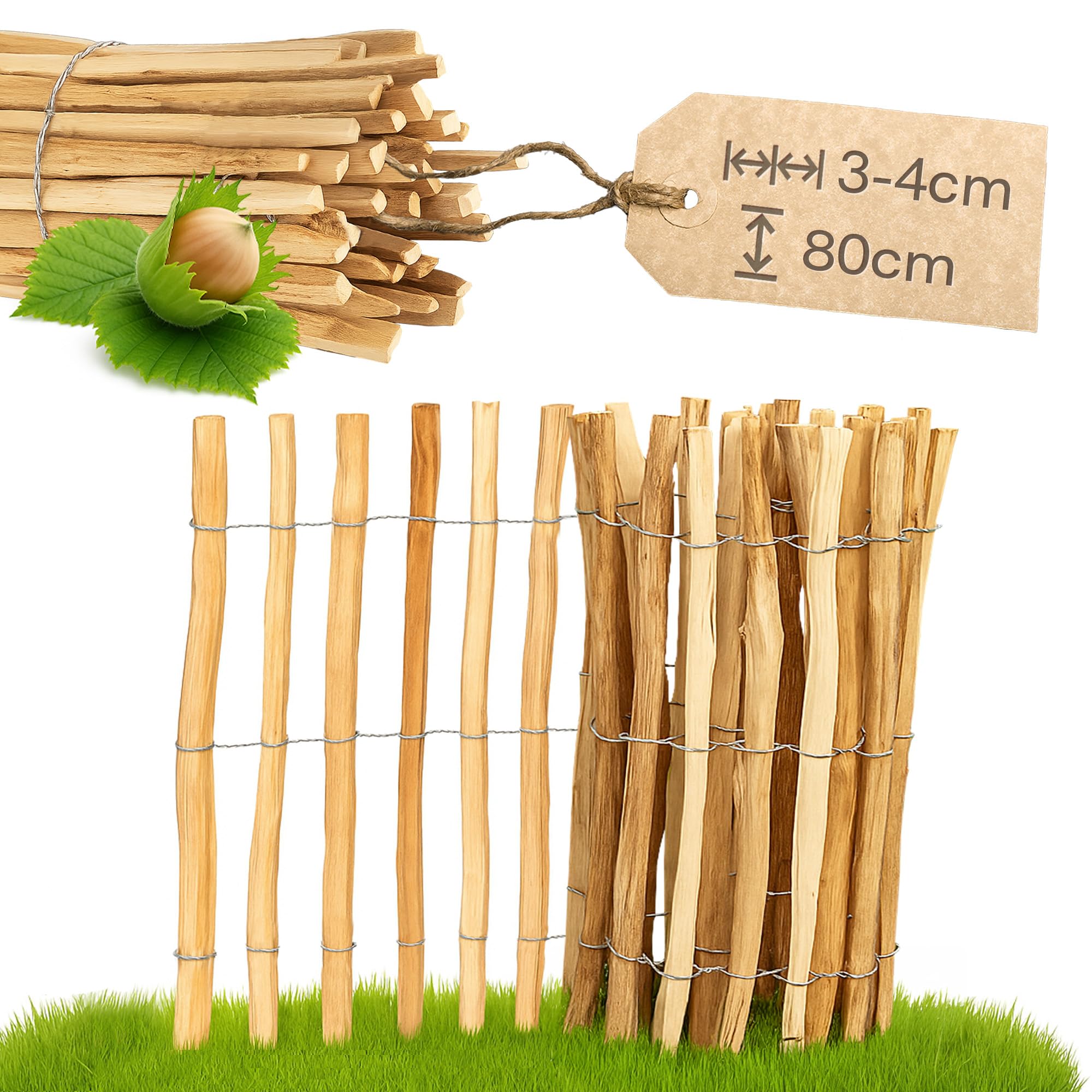 Recinzione Nocciola Lunghezza 5 m - Spazio 4-5 cm - Elegante Recinzione in Paletti - Steccato a Rullo Legno - Decorazione per Giardino
